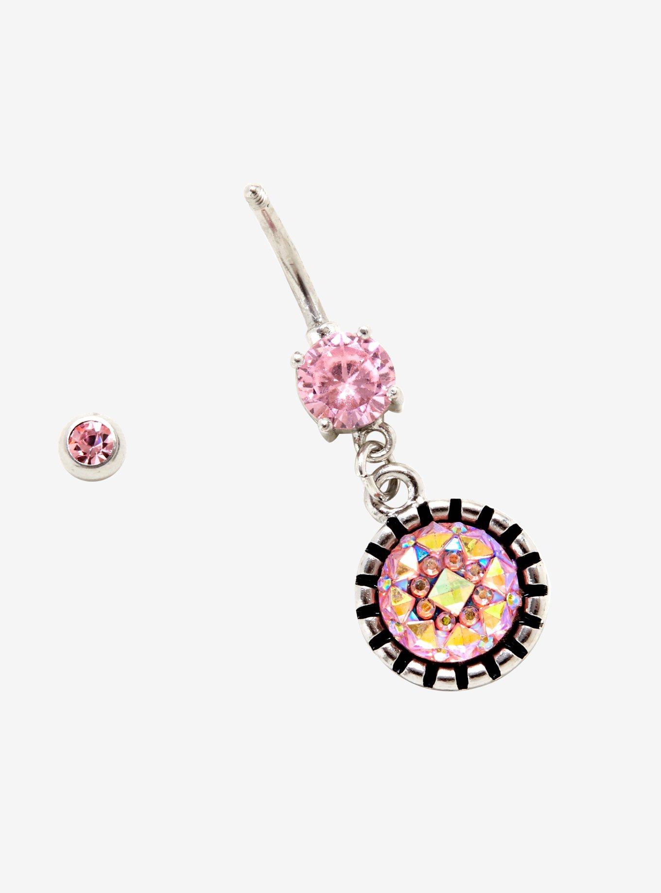 14G Steel Pink Circle Drop Navel Barbell, , alternate