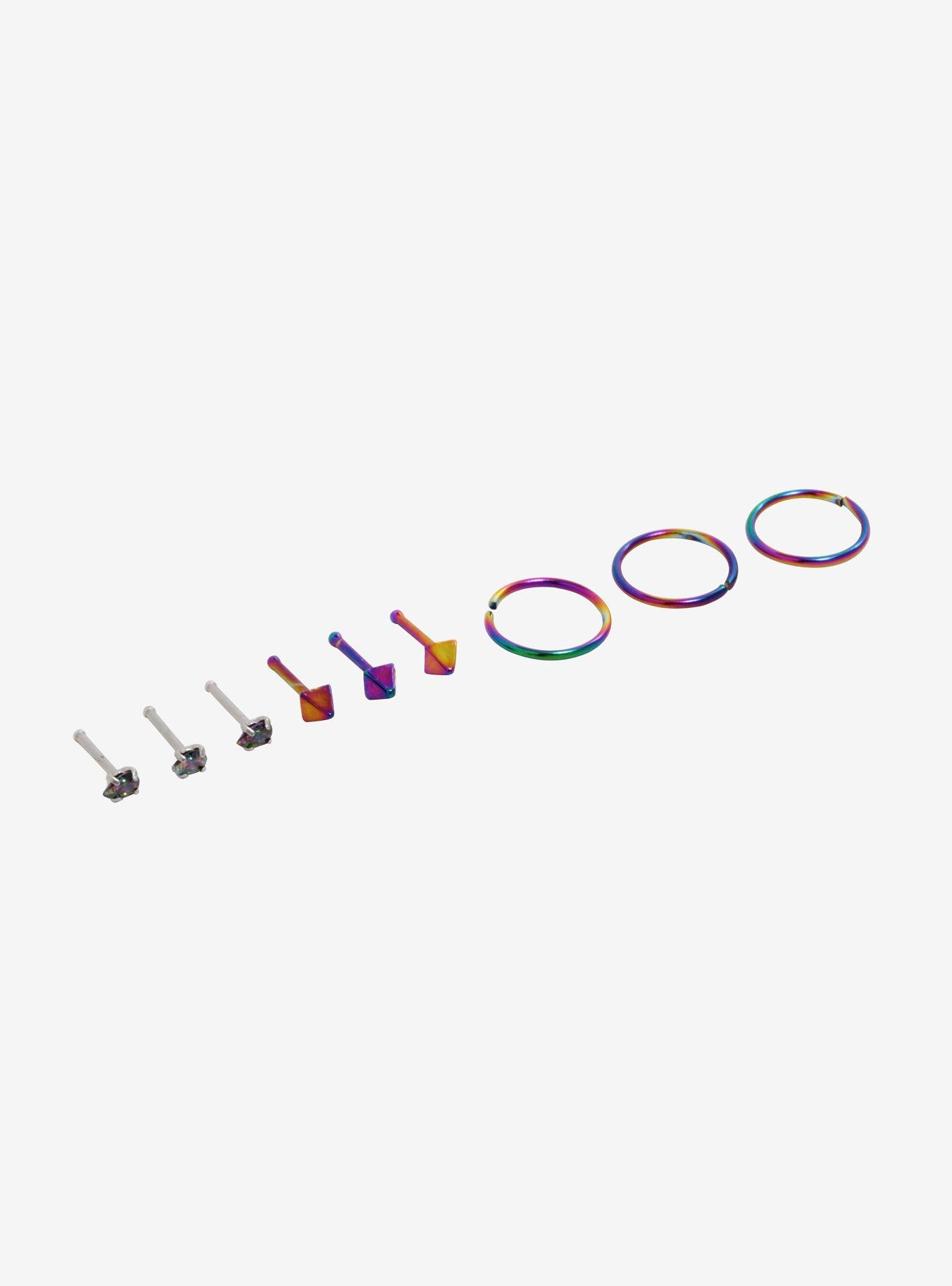 Steel Iridescent Rainbow Nose Stud Hoop 9 Pack, , alternate
