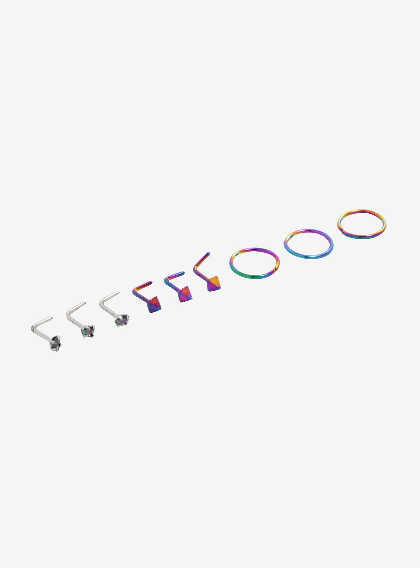 Steel Iridescent Rainbow Nose Stud Hoop 9 Pack, , alternate