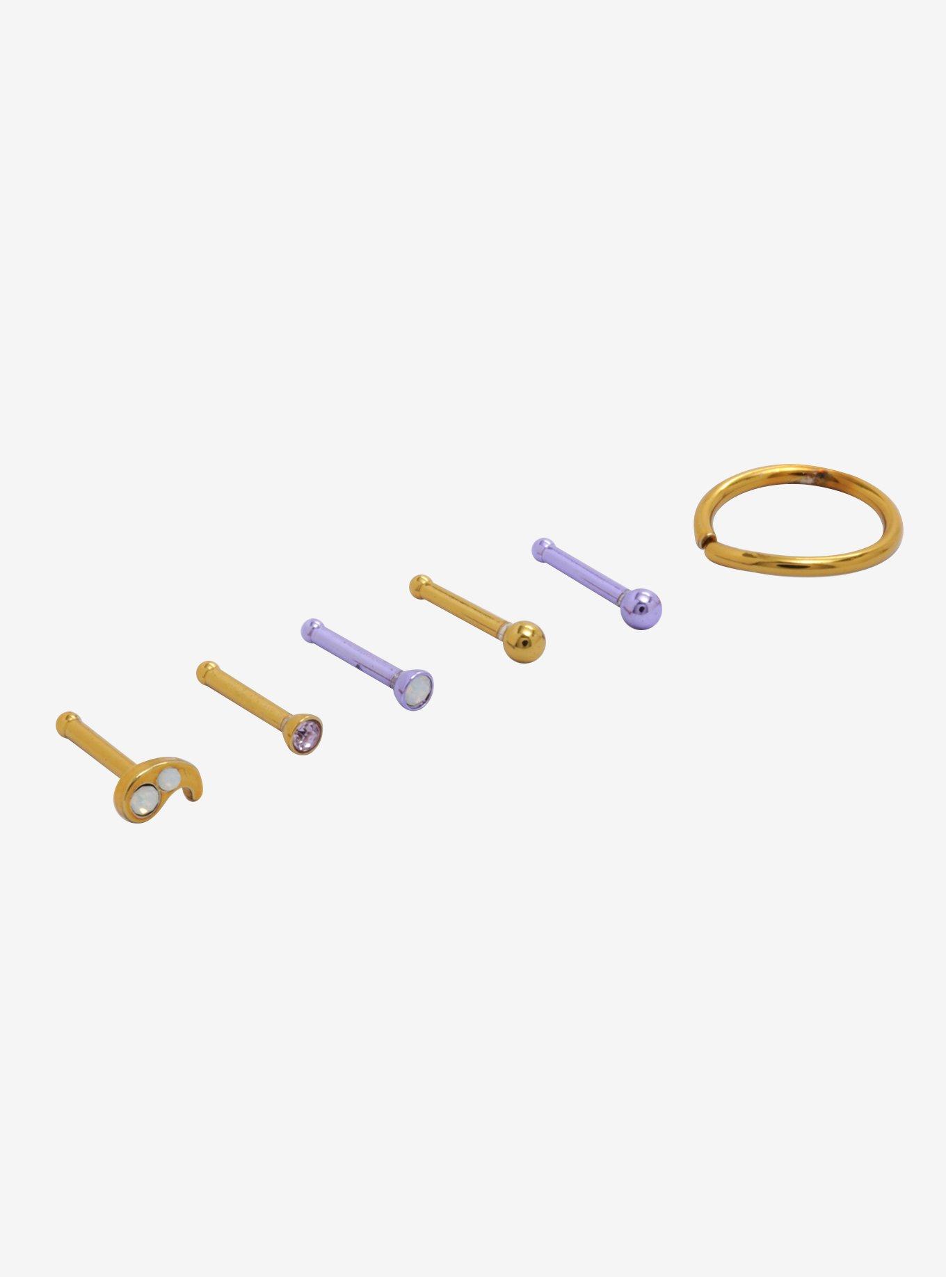 Steel Gold & Purple Comma Nose Bone & Hoop 6 Pack, MULTI, alternate