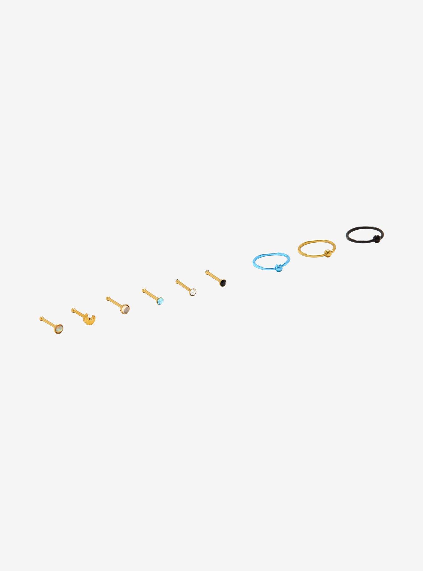 Steel Gold Blue Black Nose Stud & Hoop 9 Pack, , alternate