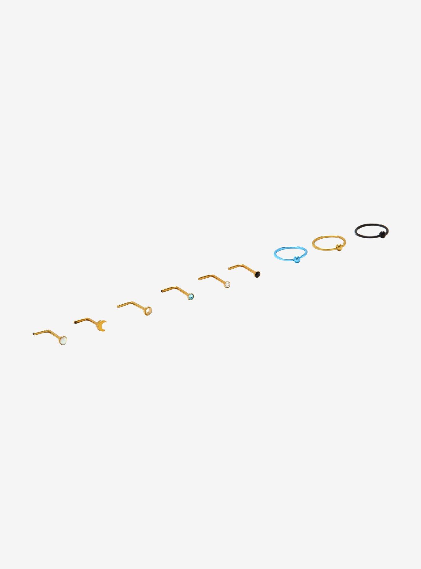 Steel Gold Blue Black Nose Stud & Hoop 9 Pack, , alternate