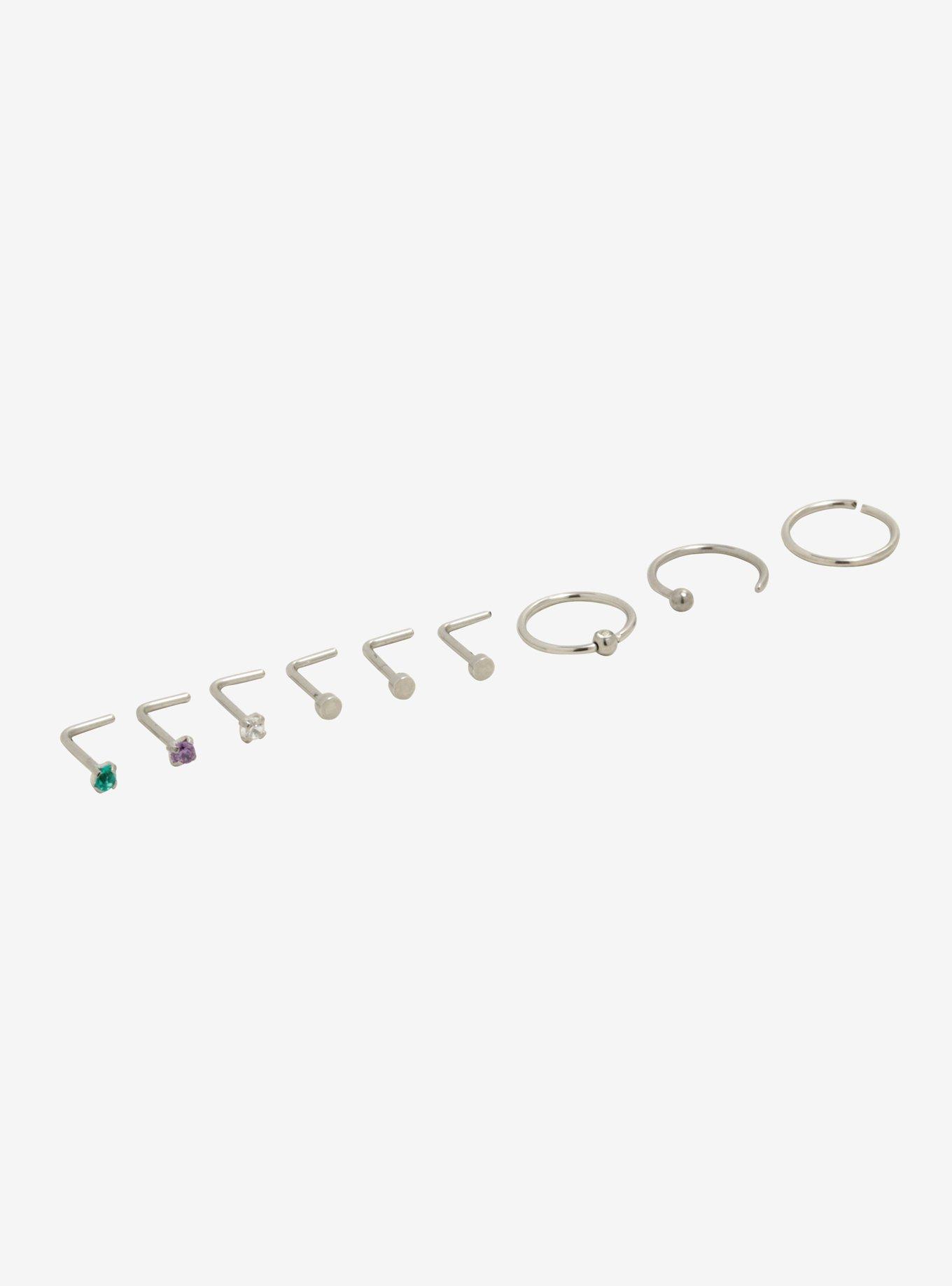 Steel Prong Gem Flat Bead Nose Stud & Hoop 9 Pack, , alternate