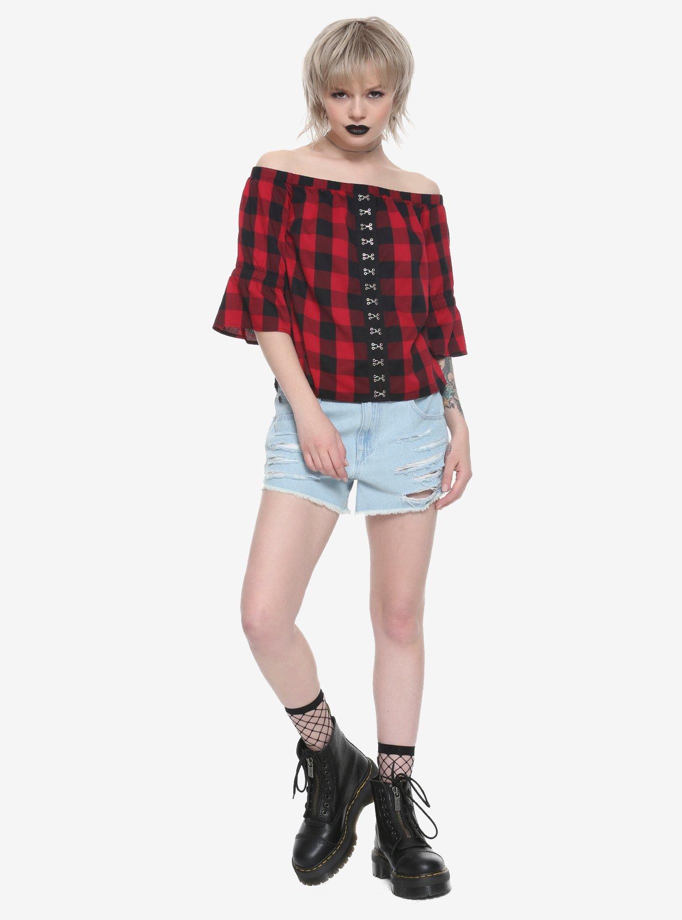 Red & Black Buffalo Plaid Hook & Eye Off-The-Shoulder Girls Top, RED, alternate