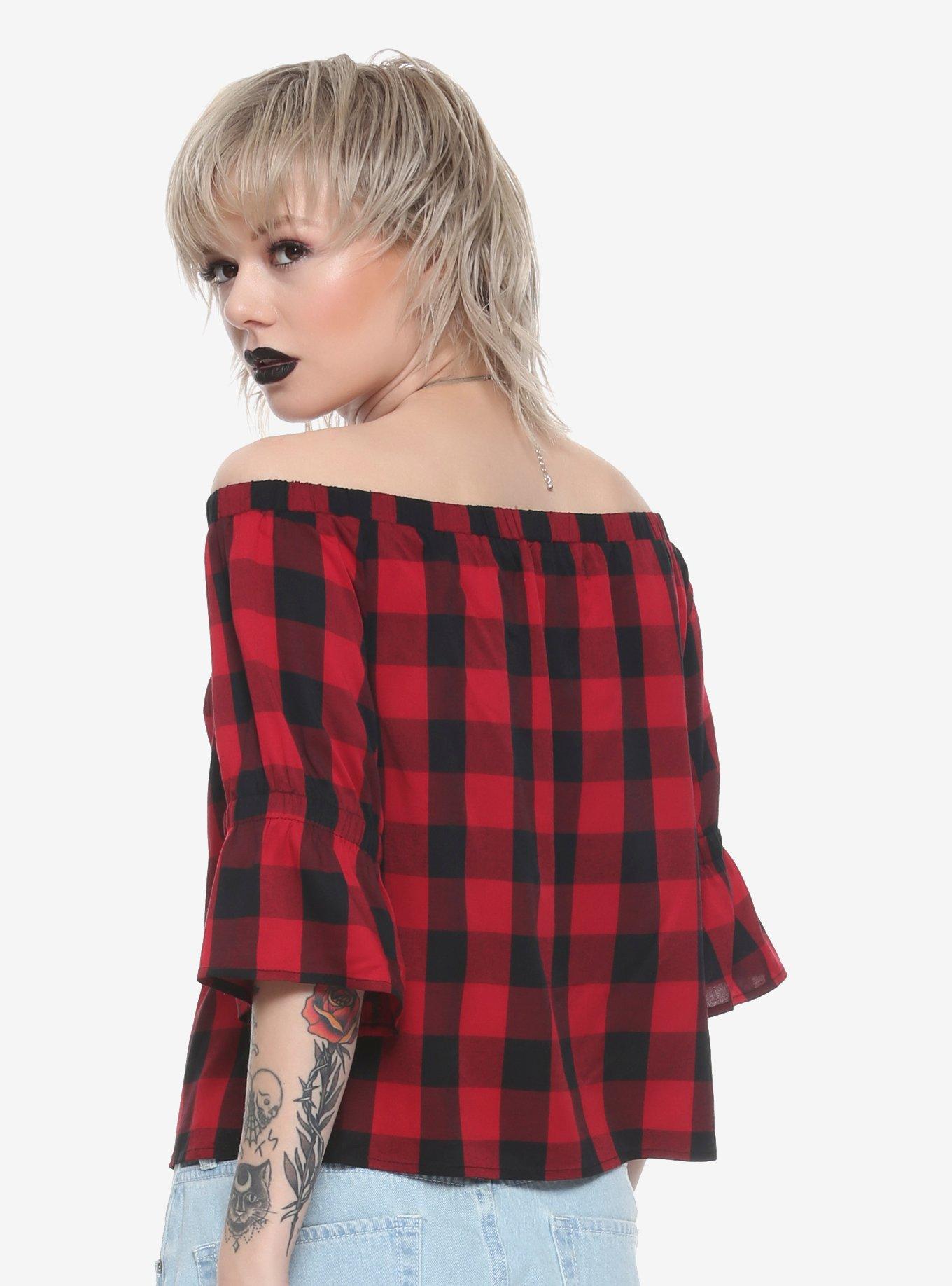 Red & Black Buffalo Plaid Hook & Eye Off-The-Shoulder Girls Top, RED, alternate