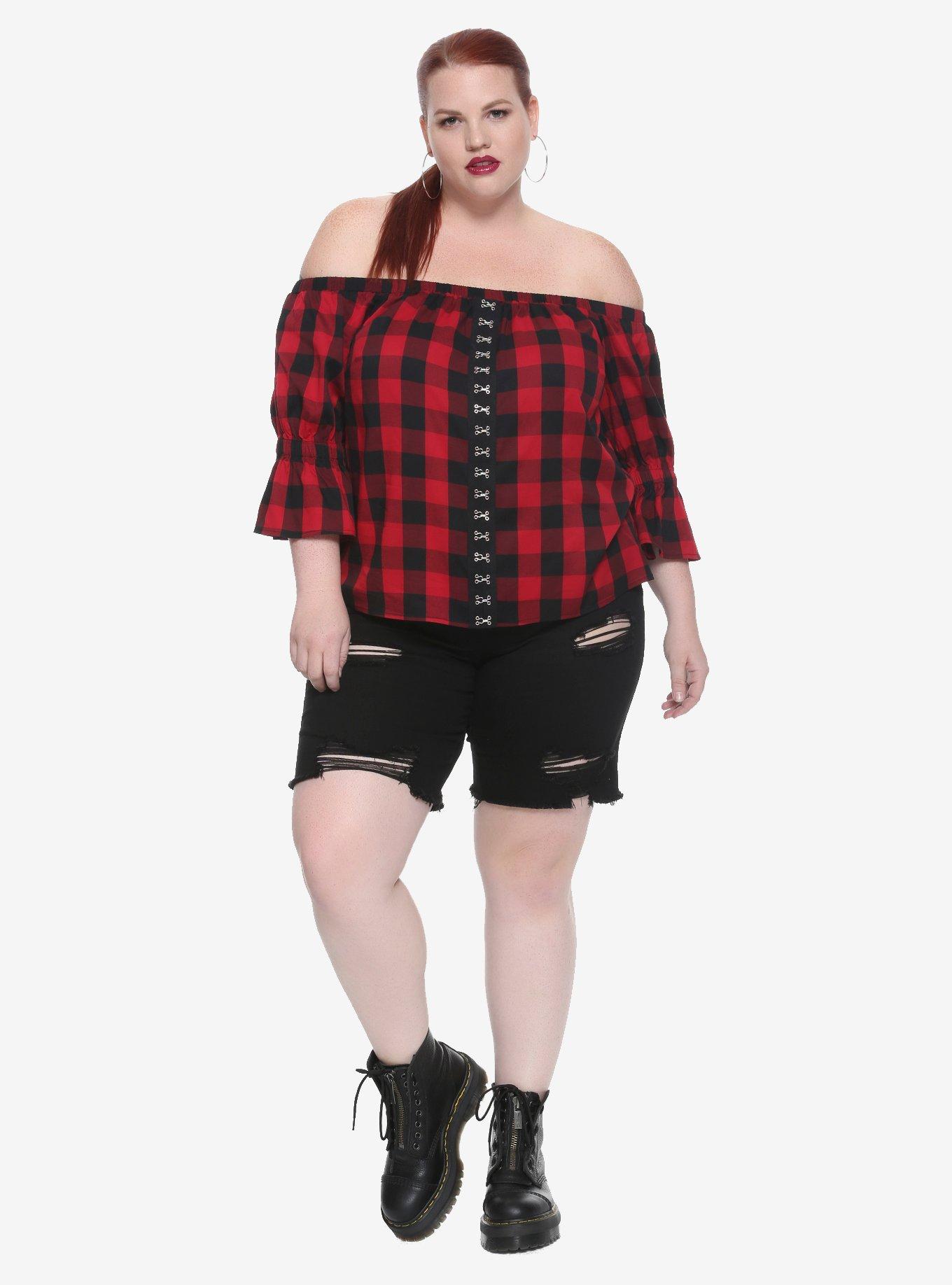 Red & Black Buffalo Plaid Hook & Eye Off-The-Shoulder Girls Top Plus Size, RED, alternate