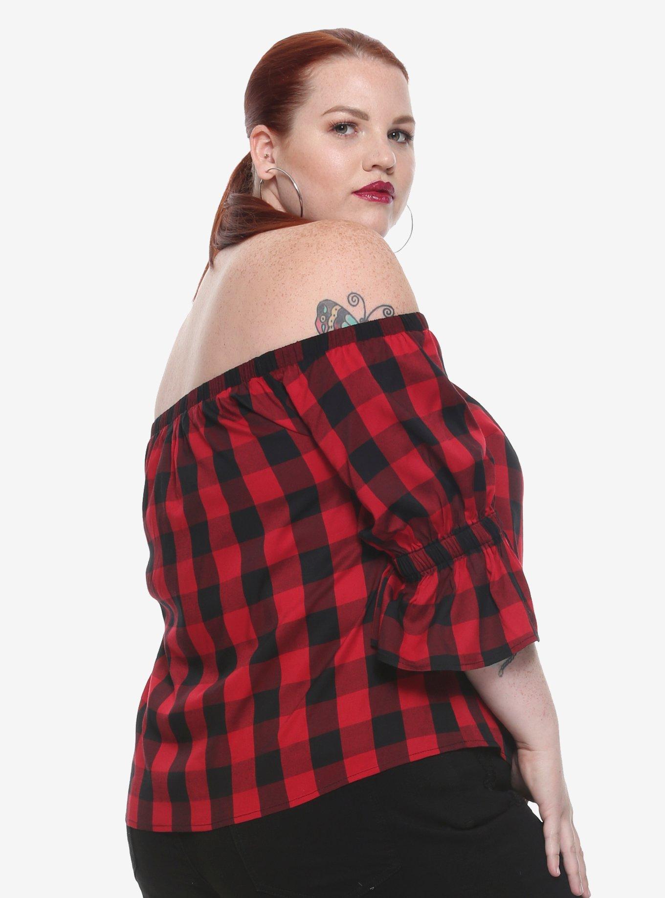 Red & Black Buffalo Plaid Hook & Eye Off-The-Shoulder Girls Top Plus Size, RED, alternate