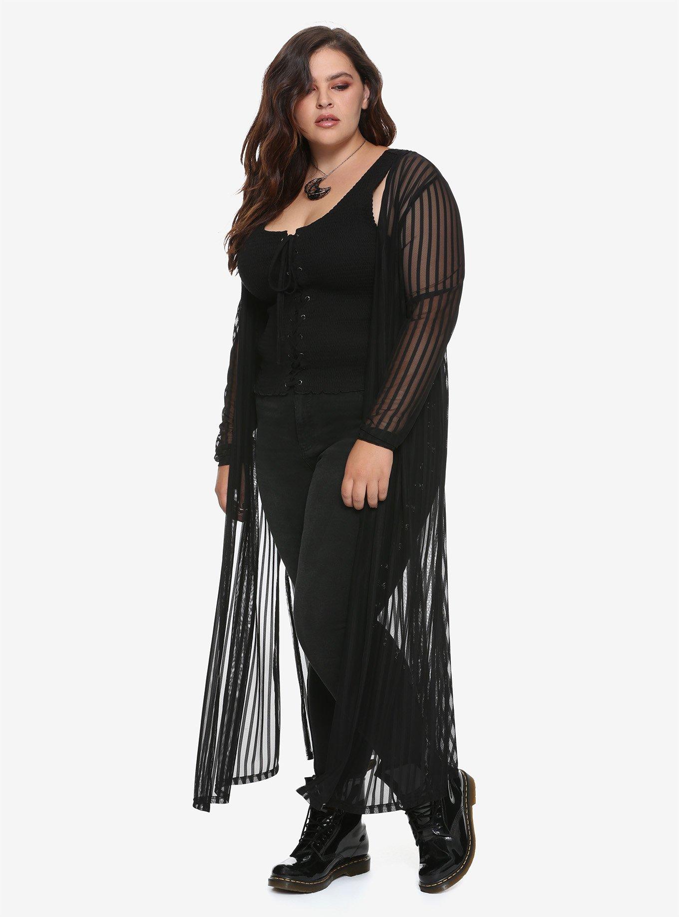 Black Shadow Striped Mesh Duster Plus Size, BLACK, alternate