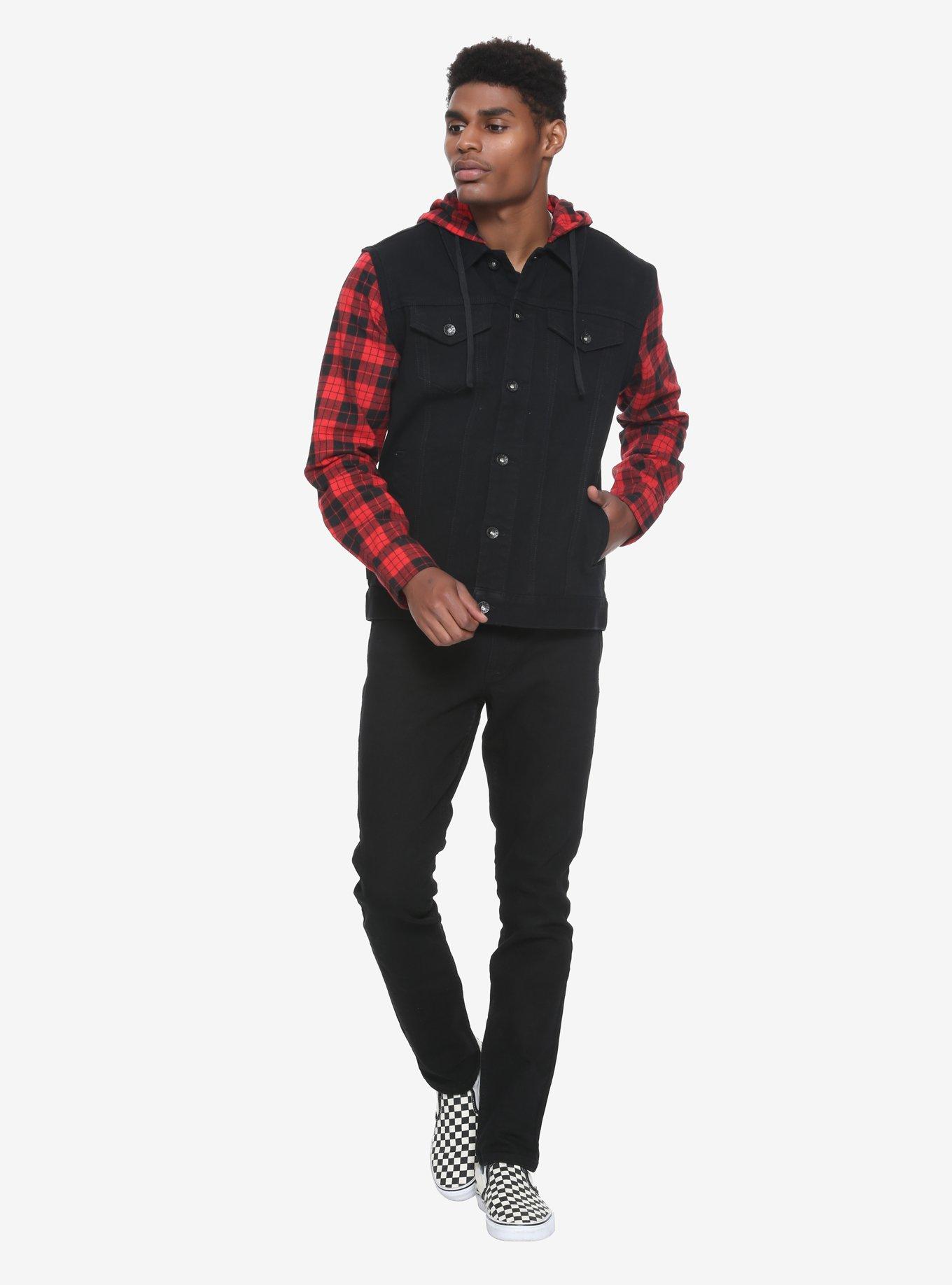 Rude Red & Black Plaid Denim Jacket, , alternate