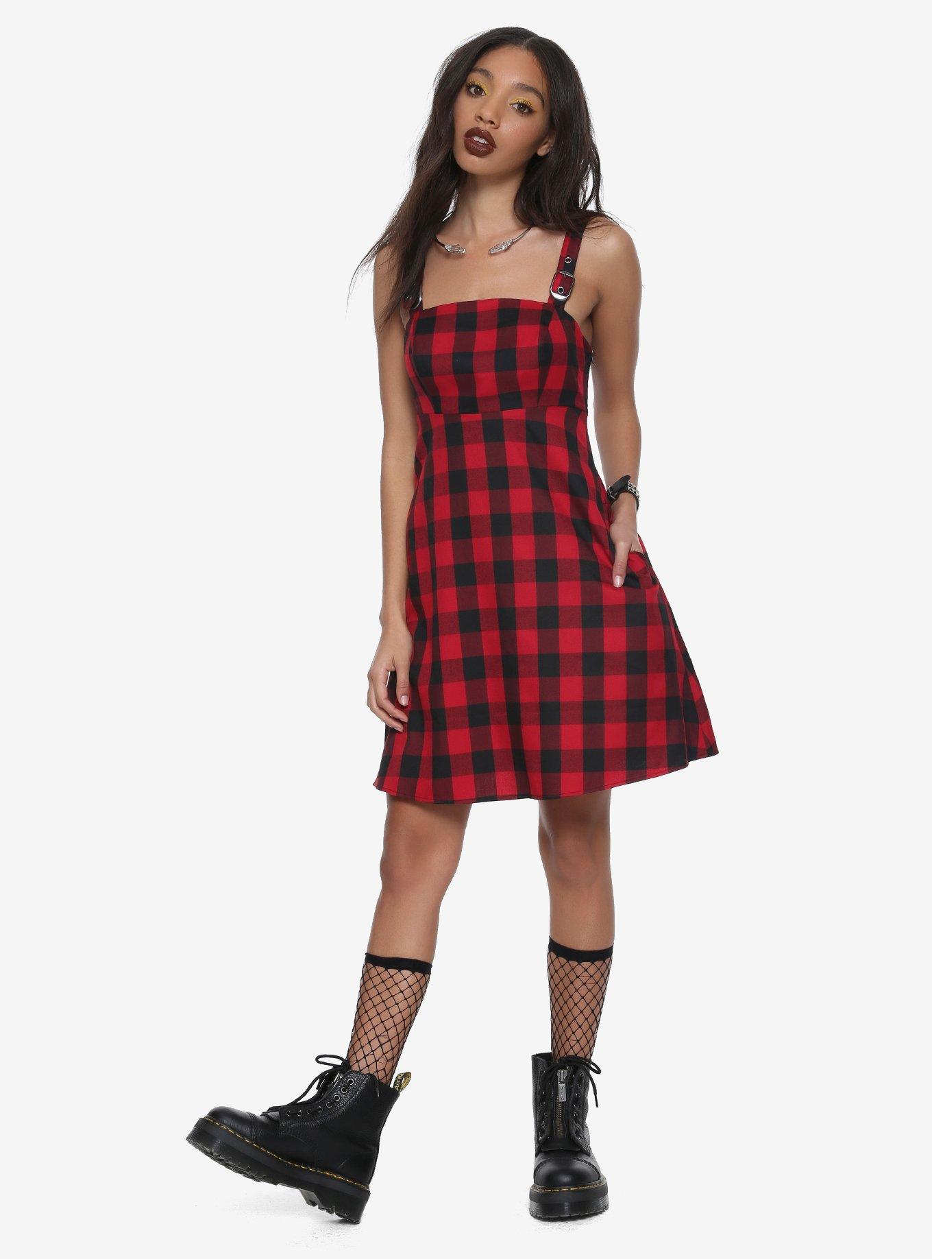 Red & Black Buffalo Plaid Buckle Strap Dress, , alternate