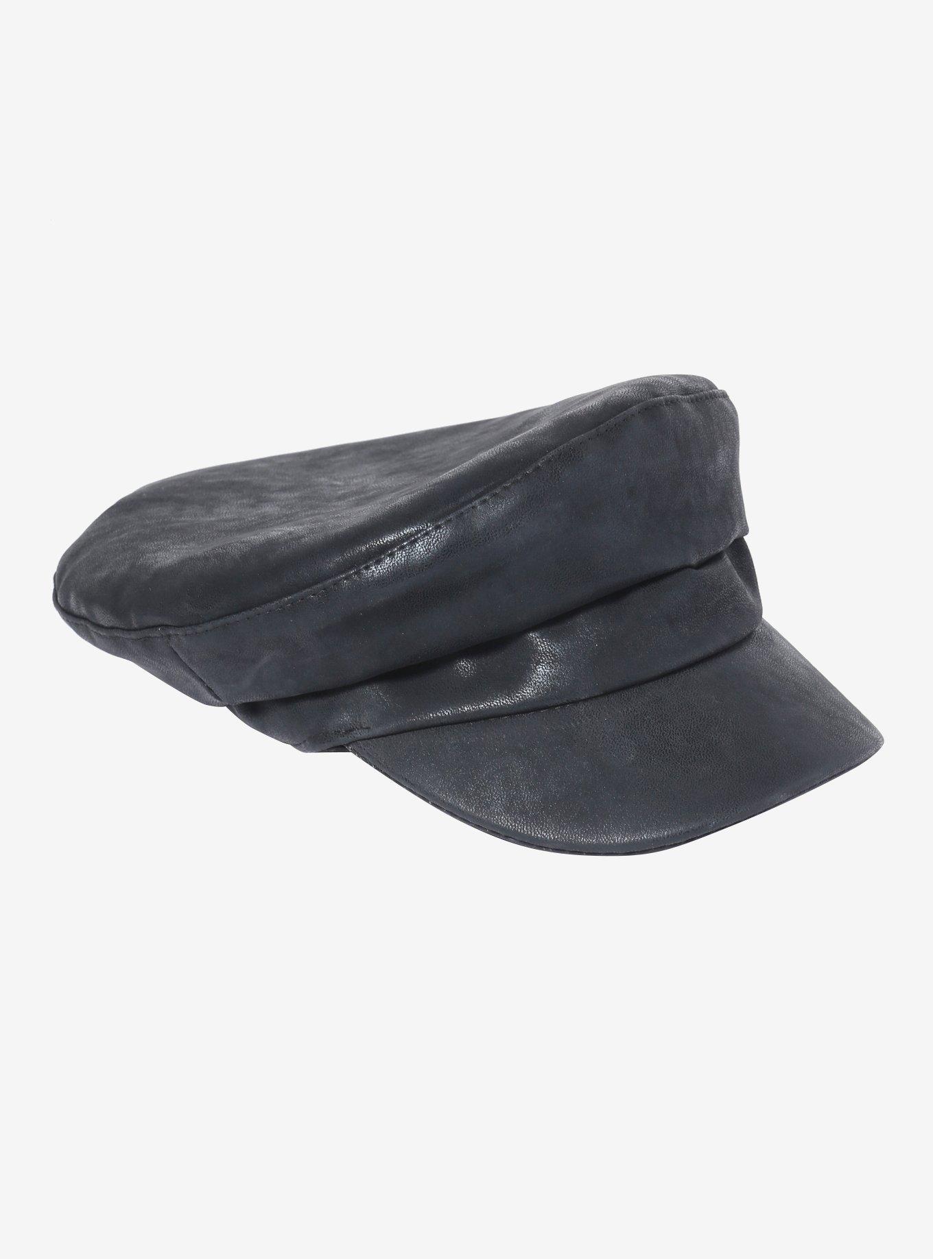 Black Faux Leather Biker Cap, , alternate