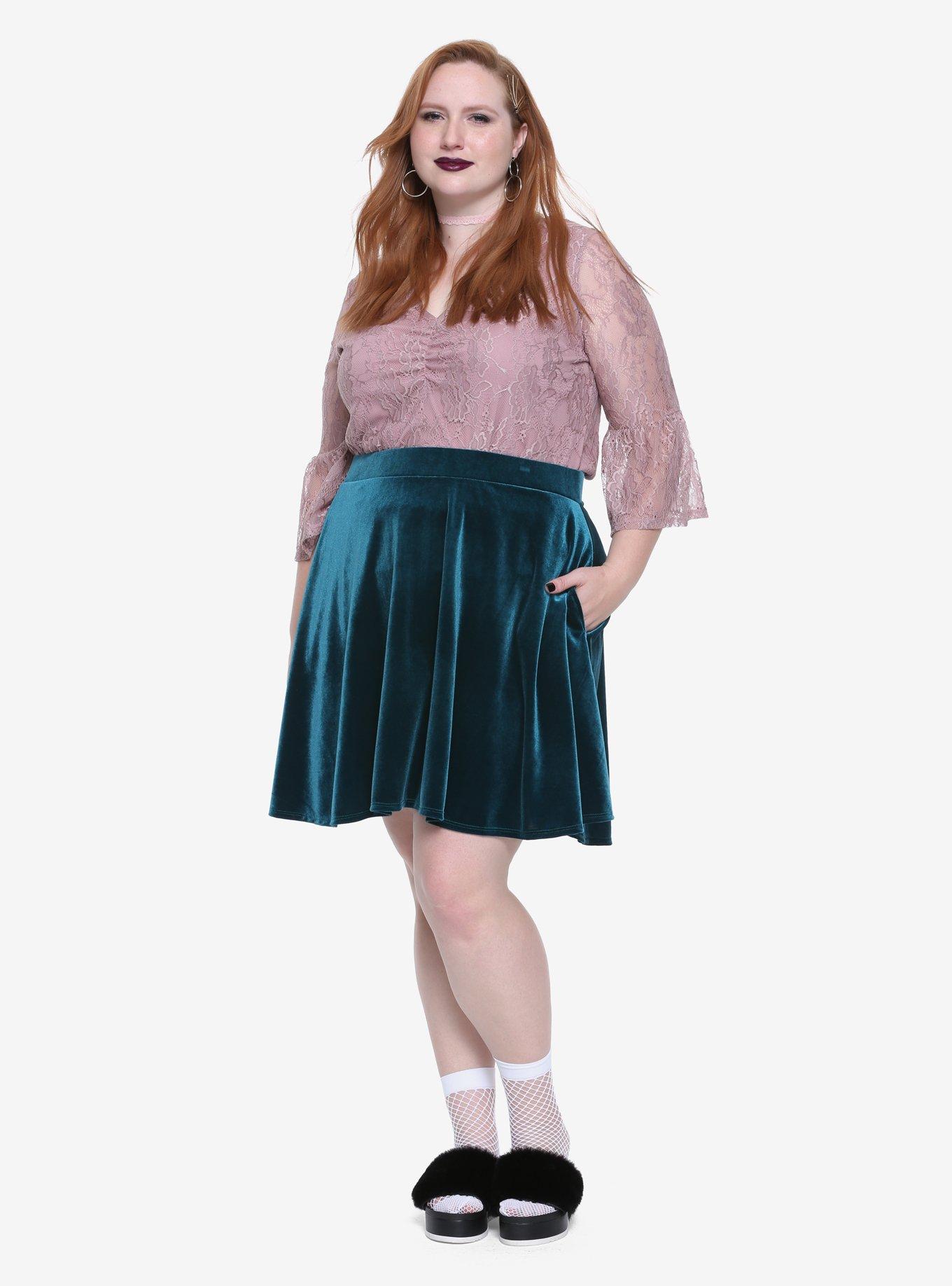 Green Velvet Skater Skirt Plus Size, , alternate