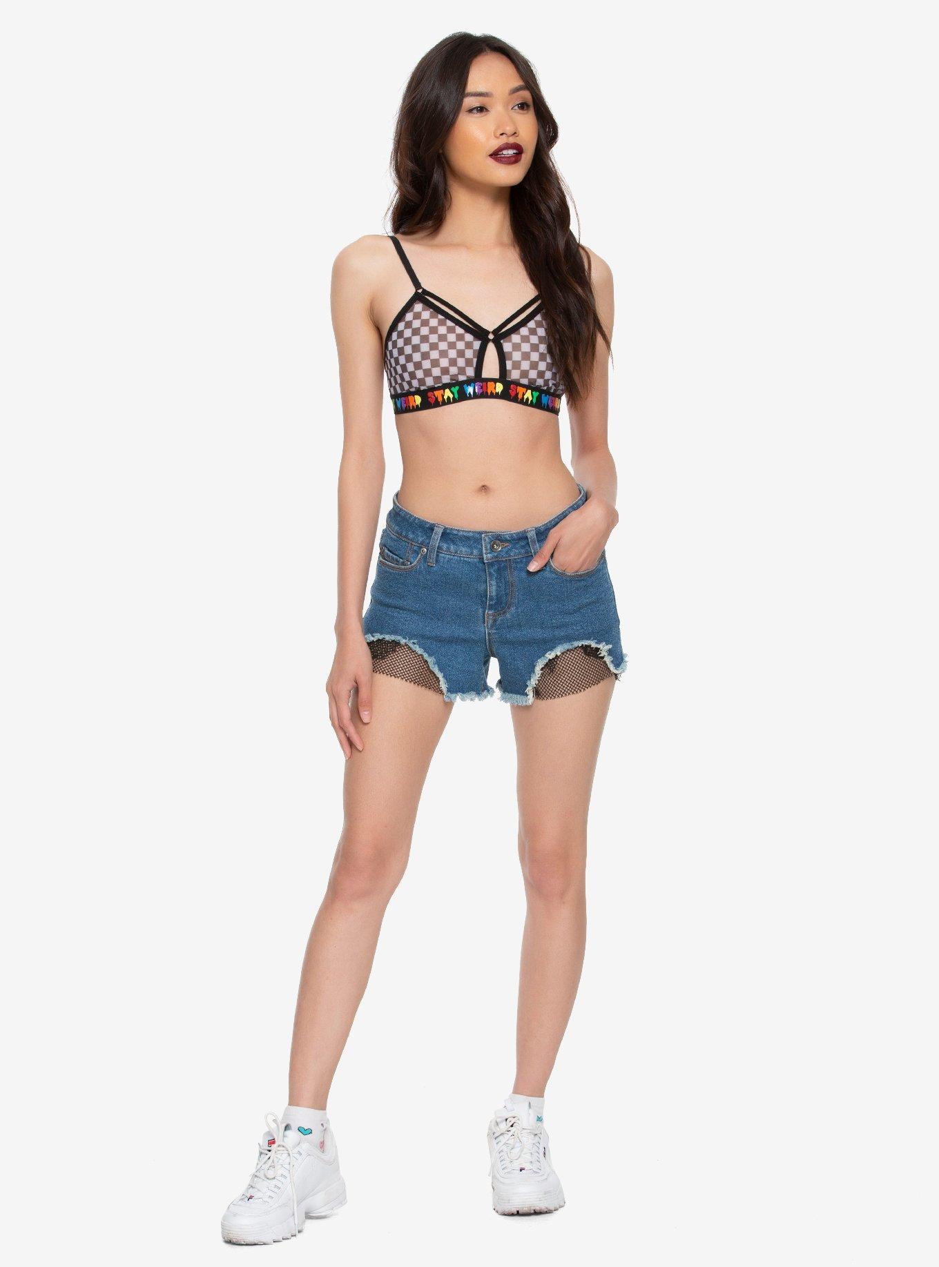 Checkered Mesh Stay Weird Bralette, BLACK, alternate