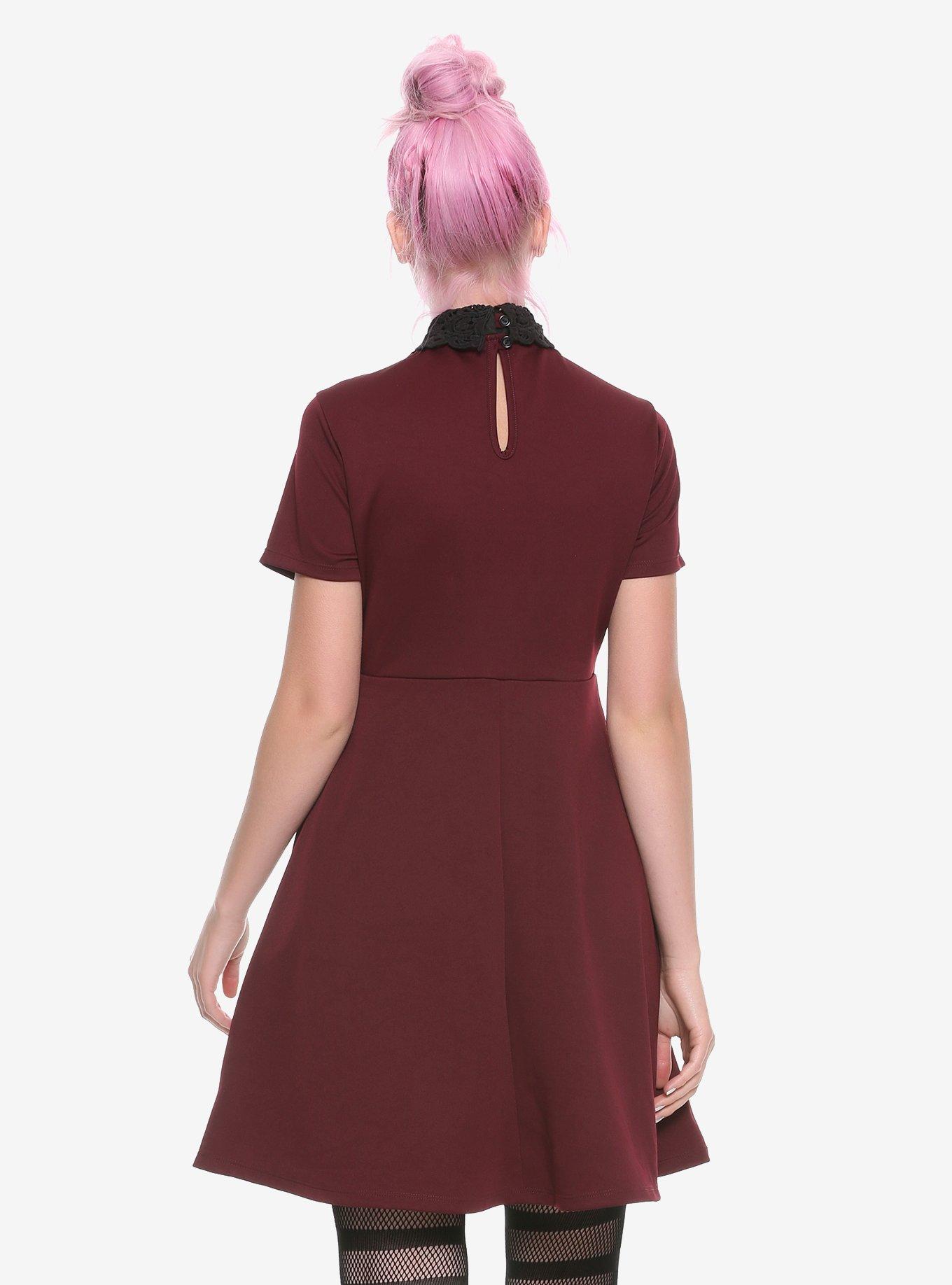 Burgundy & Black Lace Collar Skater Dress, , alternate