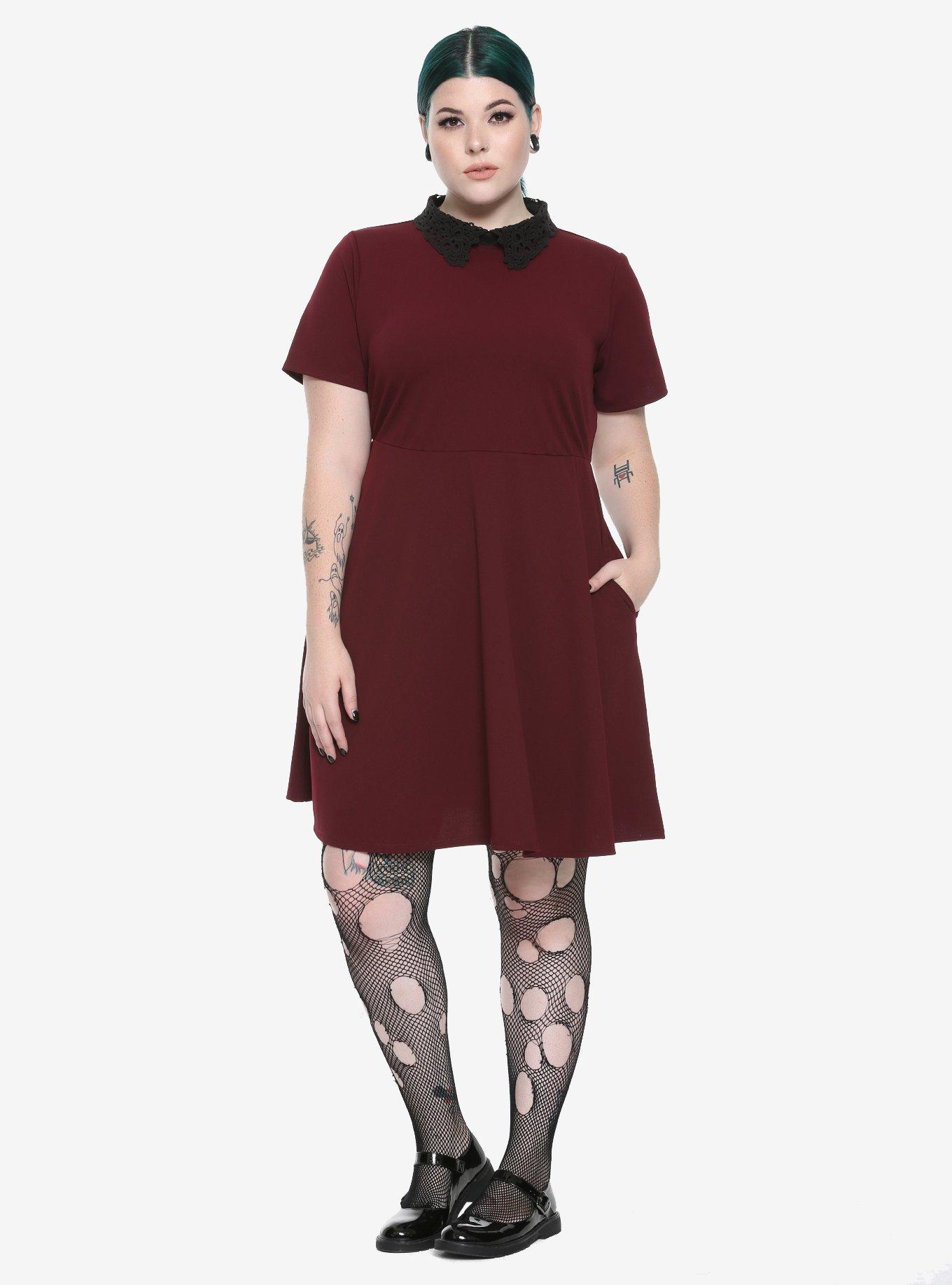 Burgundy & Black Lace Collar Skater Dress Plus Size, , alternate