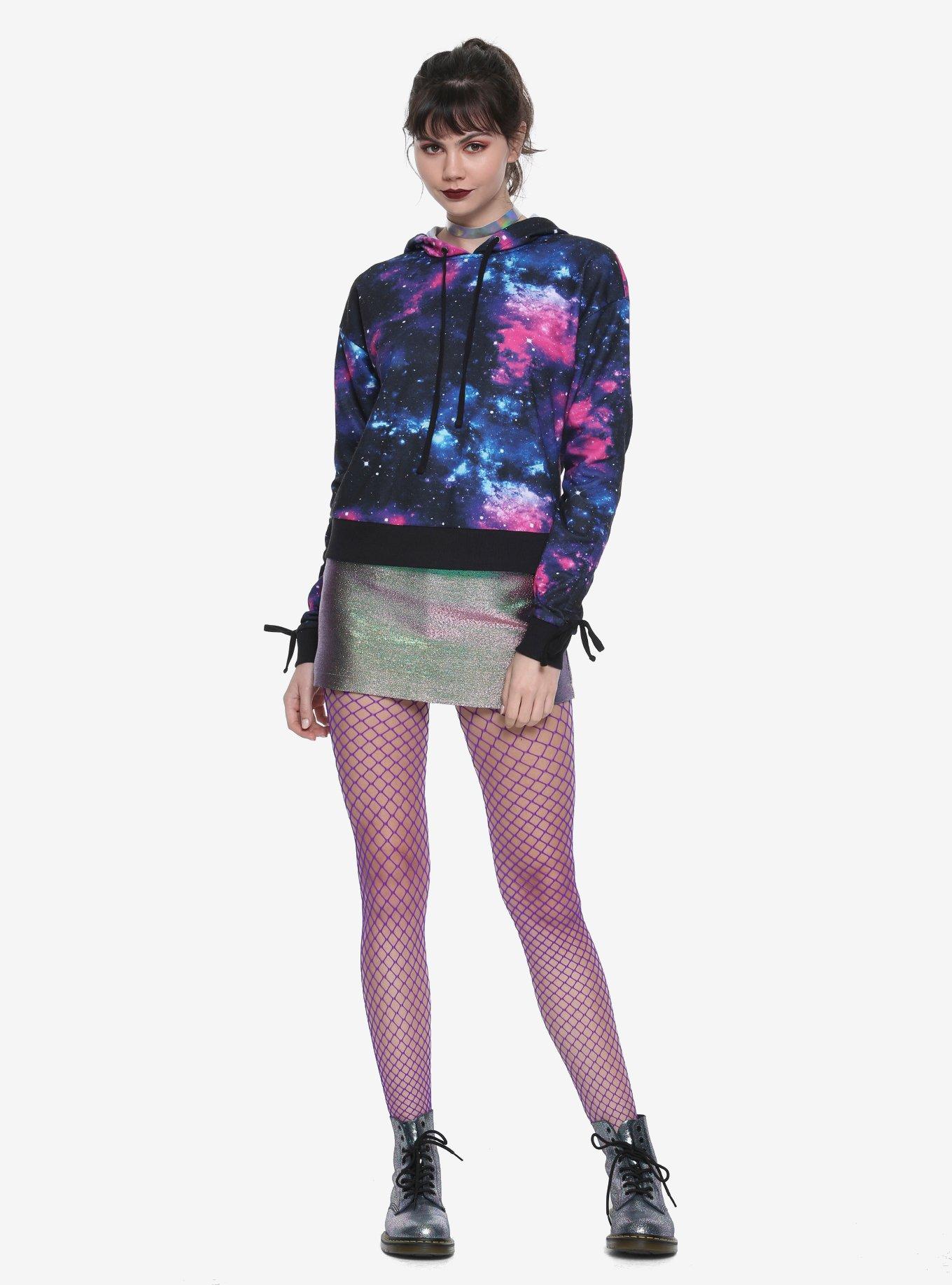 Galaxy Print Ruched Tie Sleeve Girls Hoodie, , alternate