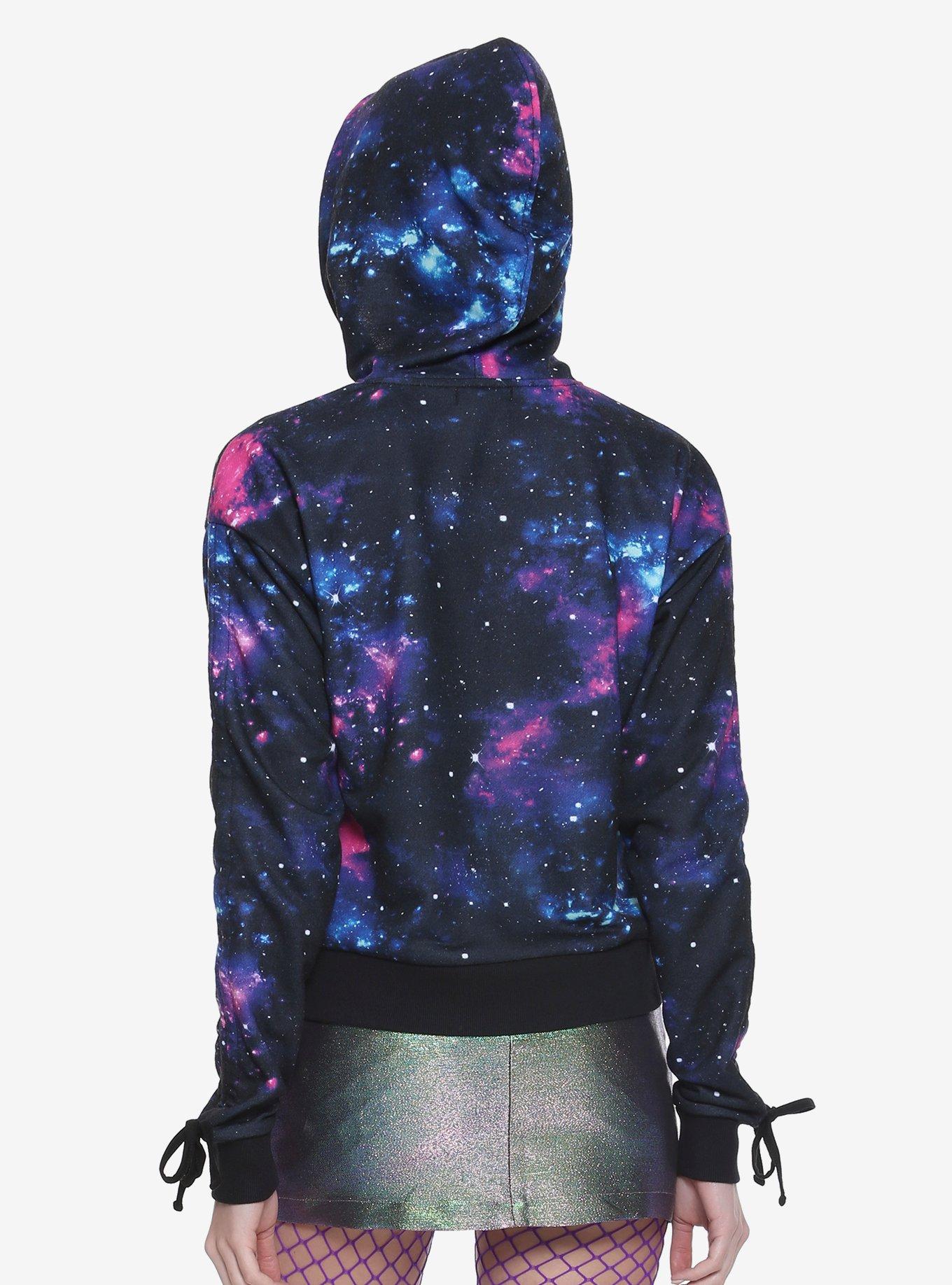 Galaxy Print Ruched Tie Sleeve Girls Hoodie, , alternate