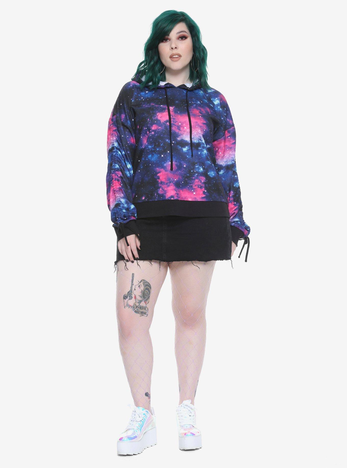 Galaxy Print Ruched Tie Sleeve Girls Hoodie Plus Size, , alternate
