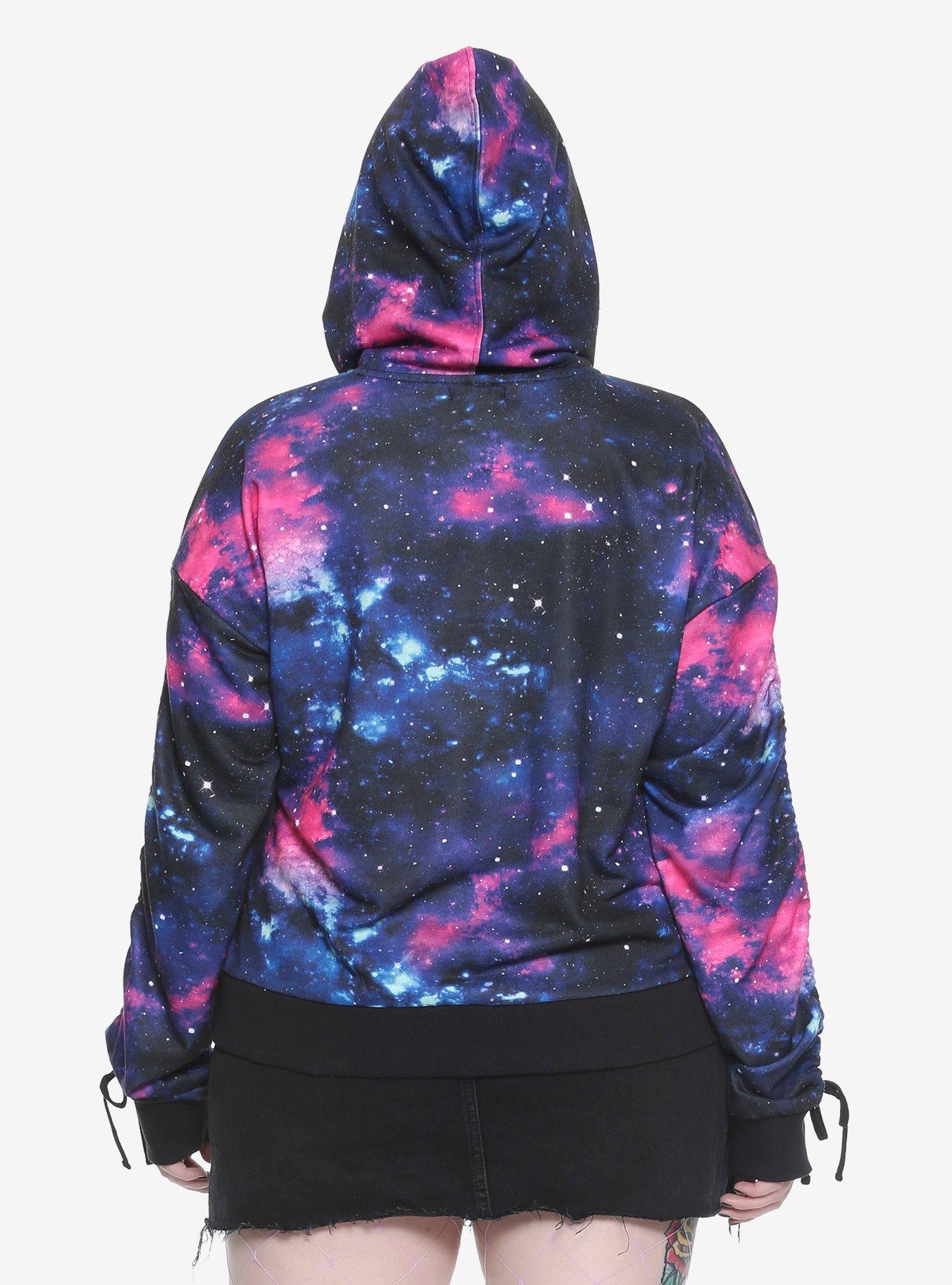Galaxy Print Ruched Tie Sleeve Girls Hoodie Plus Size, , alternate