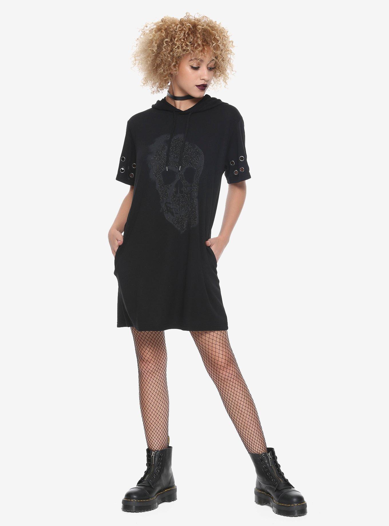 Black Glitter Skull Hematite Grommet Short-Sleeve Hooded Dress, , alternate