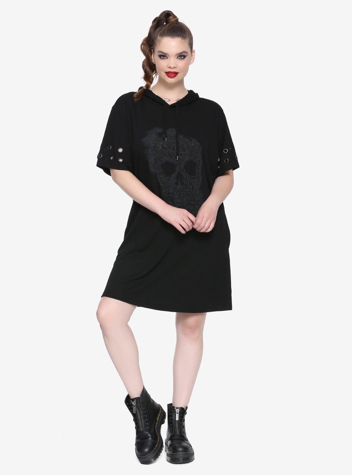 Black Glitter Skull Hematite Grommet Short-Sleeve Hooded Dress Plus Size, , alternate