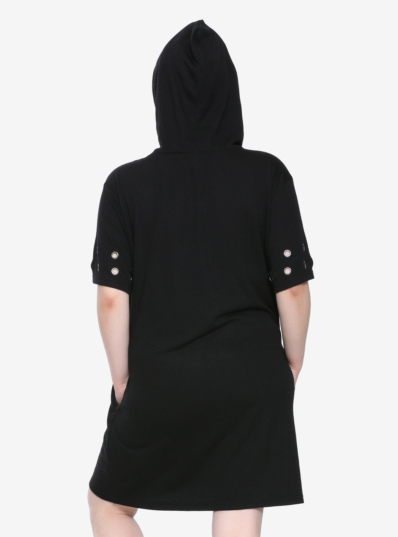 Black Glitter Skull Hematite Grommet Short-Sleeve Hooded Dress Plus Size, , alternate
