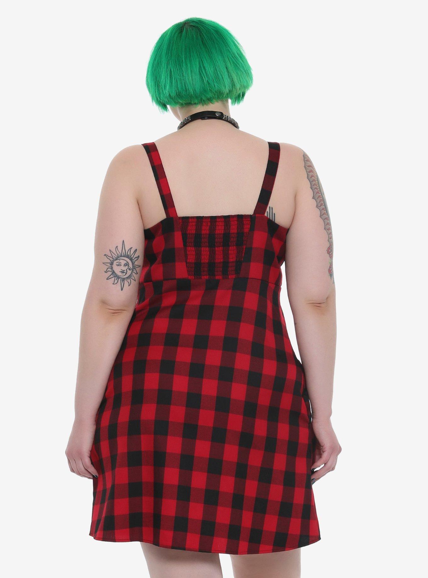 Red & Black Buffalo Plaid Buckle Strap Dress Plus Size, , alternate