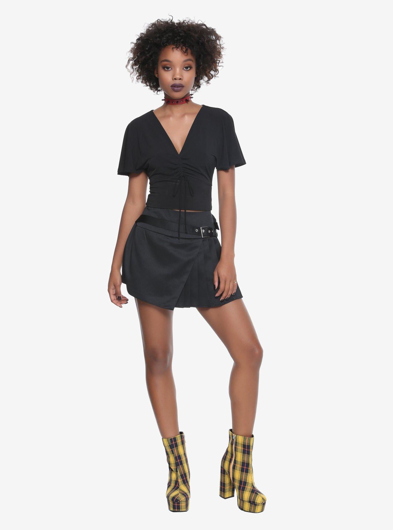 Black Cinch Front Girls Crop Top, , alternate