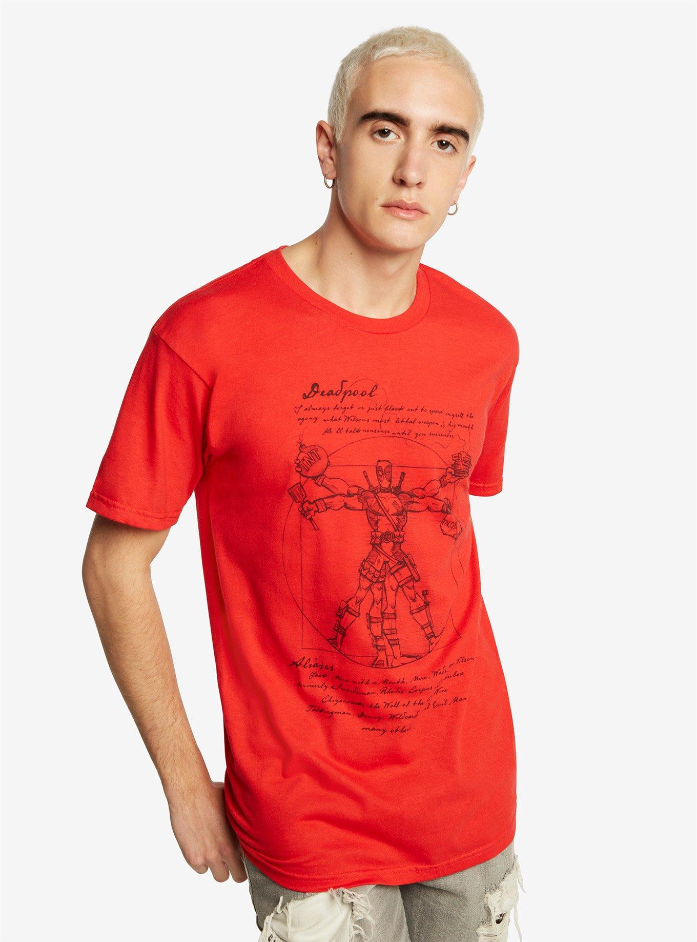Marvel Deadpool Vitruvian Man T-Shirt Hot Topic Exclusive, RED, alternate