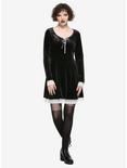 Black Long-Sleeved Lace Trim & Velvet Lace-Up Dress, BLACK, alternate
