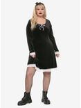 Black Long-Sleeved Lace Trim & Velvet Lace-Up Dress Plus Size, , alternate