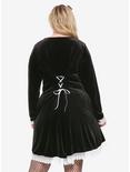 Black Long-Sleeved Lace Trim & Velvet Lace-Up Dress Plus Size, , alternate