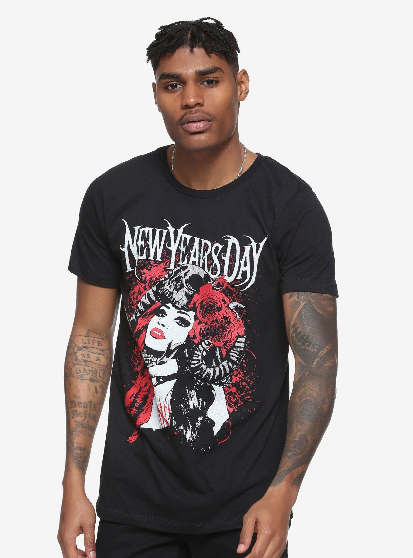 New Years Day Rose Skull Crown T-Shirt, , alternate