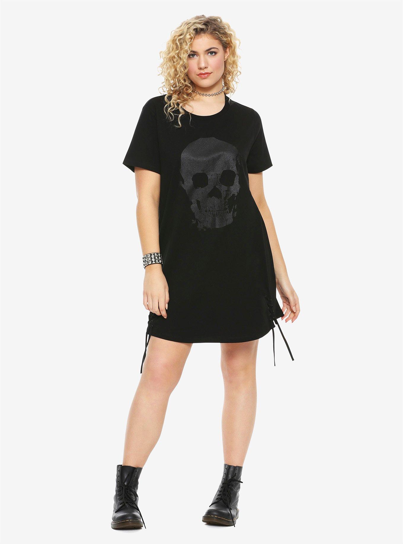 Black Glitter Skull Lace-Up Hem T-Shirt Dress Plus Size, , alternate