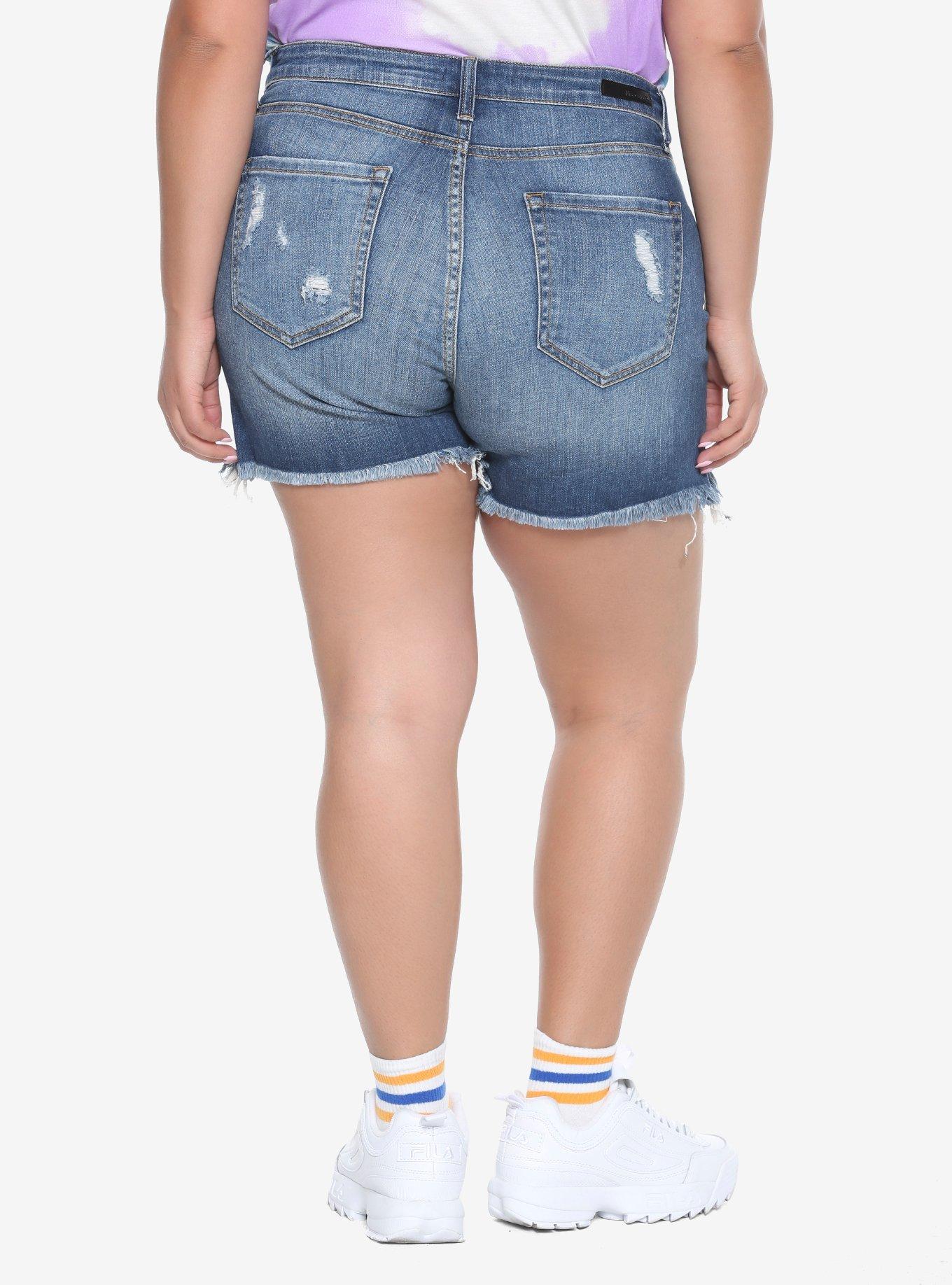 Indigo Destructed Denim Shorts Plus Size, , alternate