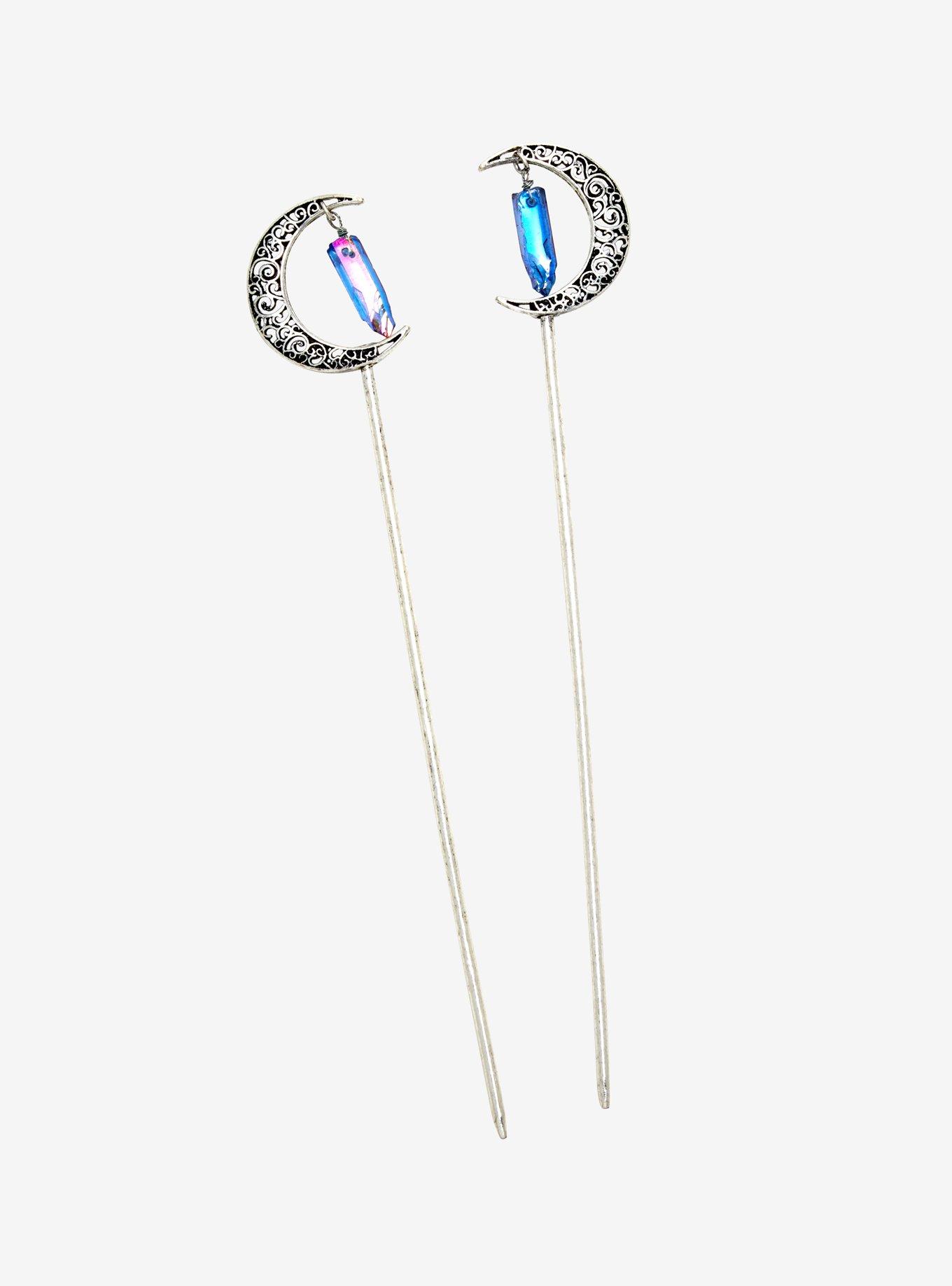 Crescent Moon Dangling Crystal Hair Pin Set, , alternate