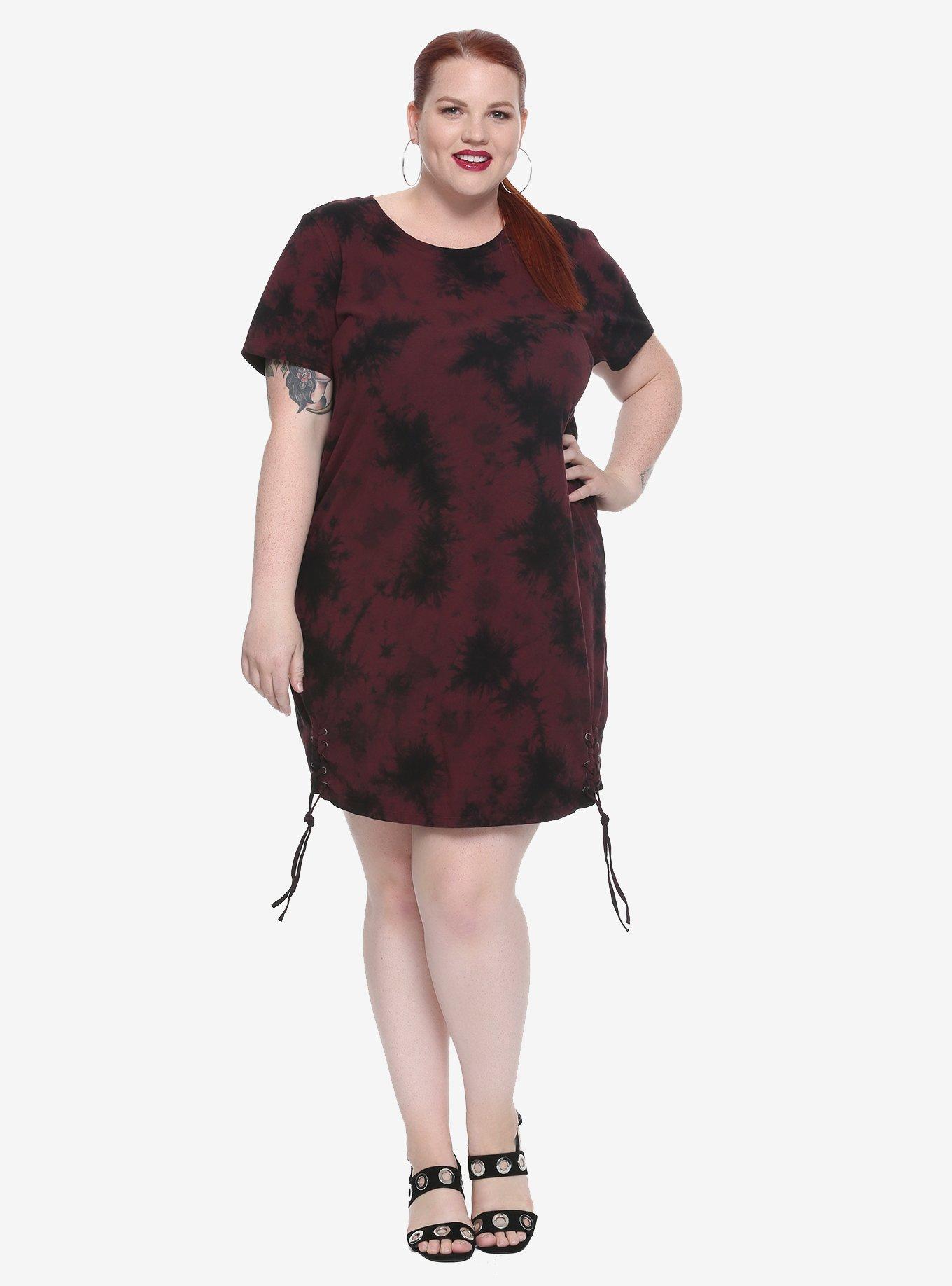 Burgundy & Black Tie-Dye T-Shirt Dress Plus Size, , alternate