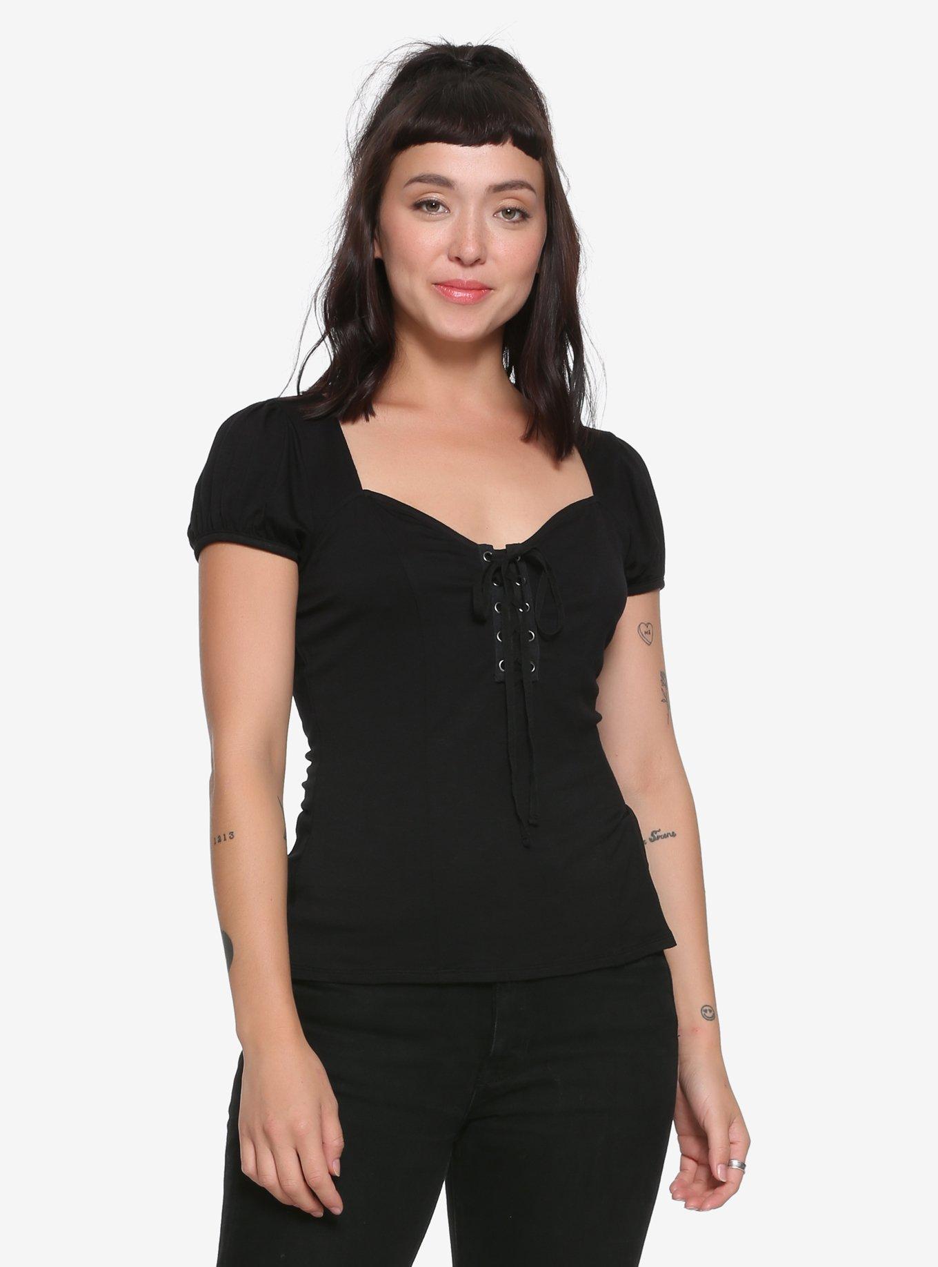 Black Lace-Up Girls Top, , alternate