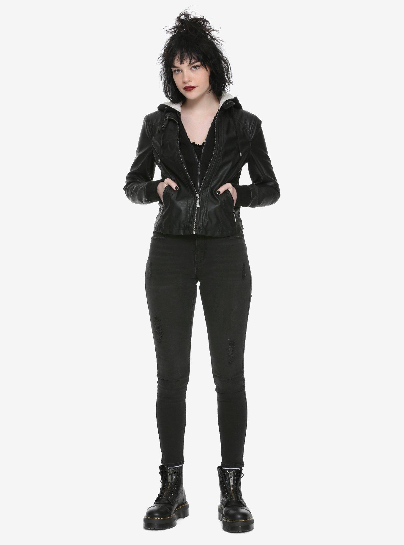 Black Faux Leather Hooded Sherpa Girls Jacket, , alternate