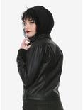 Black Faux Leather Hooded Sherpa Girls Jacket, , alternate