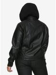 Black Faux Leather Hooded Sherpa Girls Jacket Plus Size, , alternate
