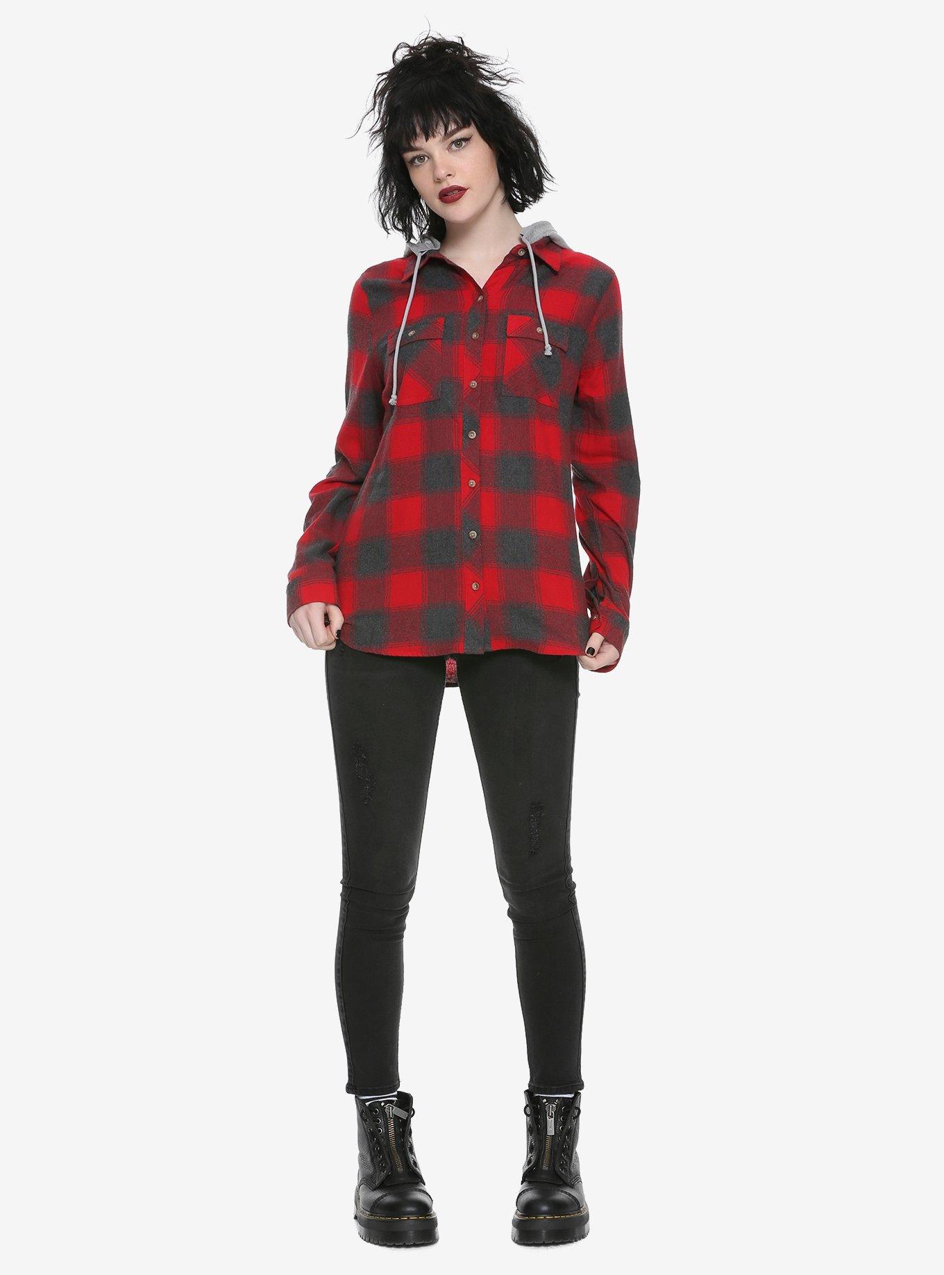 Red & Grey Plaid Hooded Girls Flannel Button-Up, , alternate