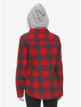Red & Grey Plaid Hooded Girls Flannel Button-Up, , alternate