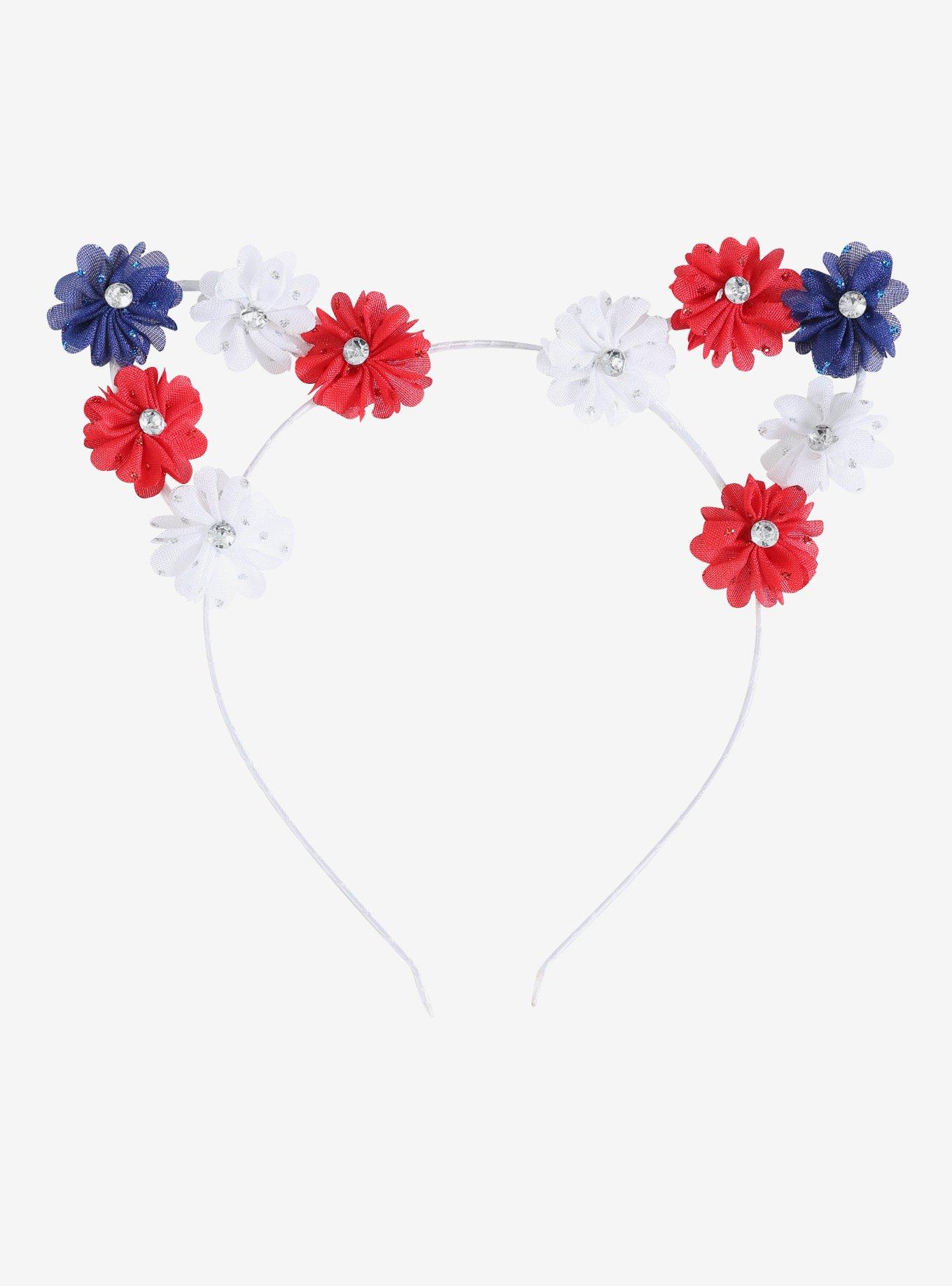 Red White & Blue Flower Cat Ear Headband, , alternate