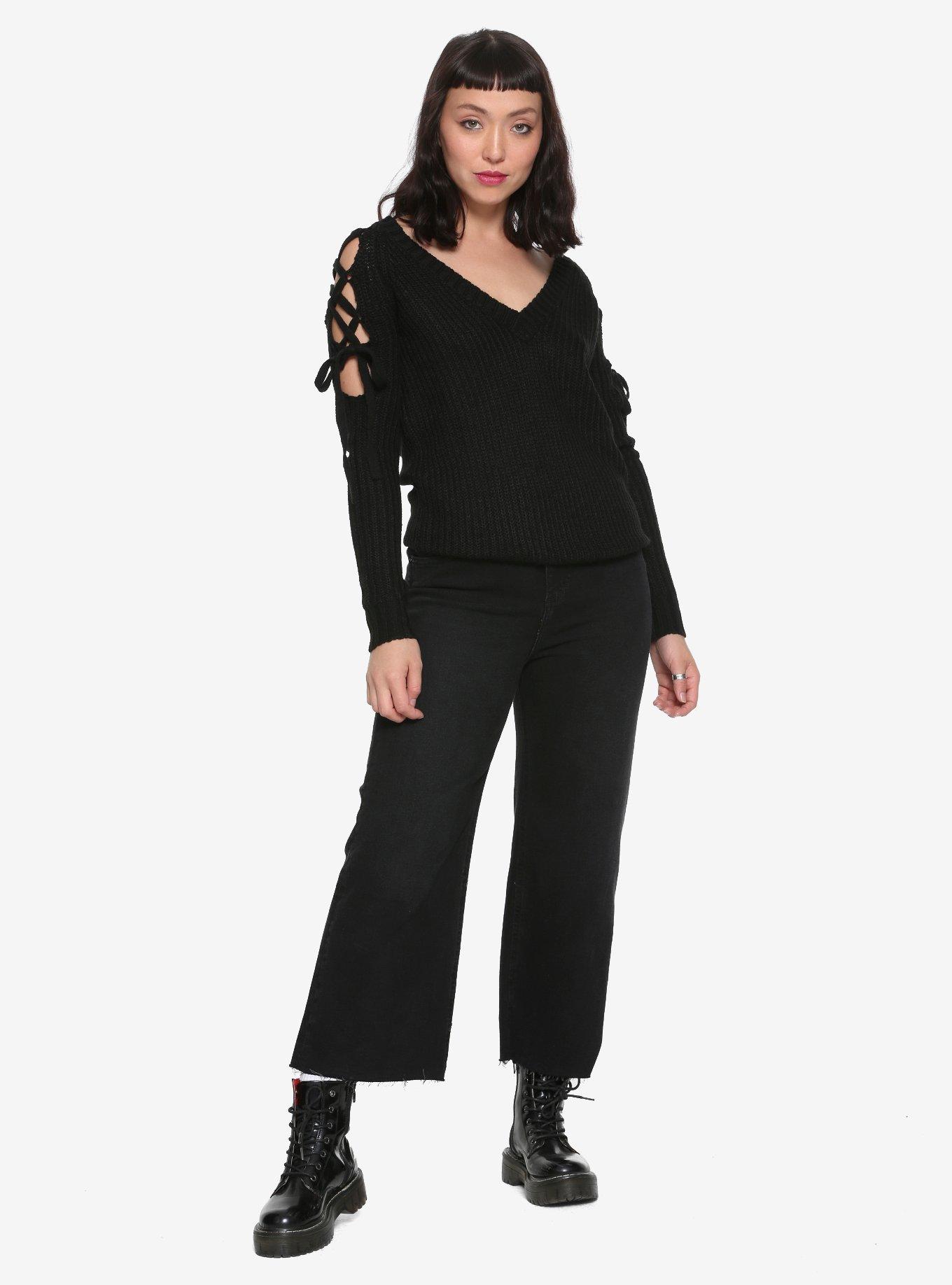 Black Lace-Up Girls Cold Shoulder Sweater, , alternate