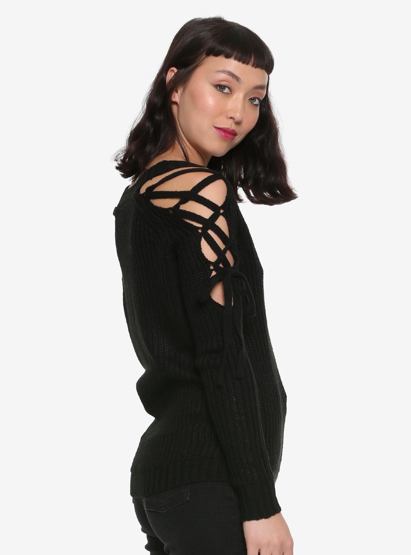 Black Lace-Up Girls Cold Shoulder Sweater, , alternate
