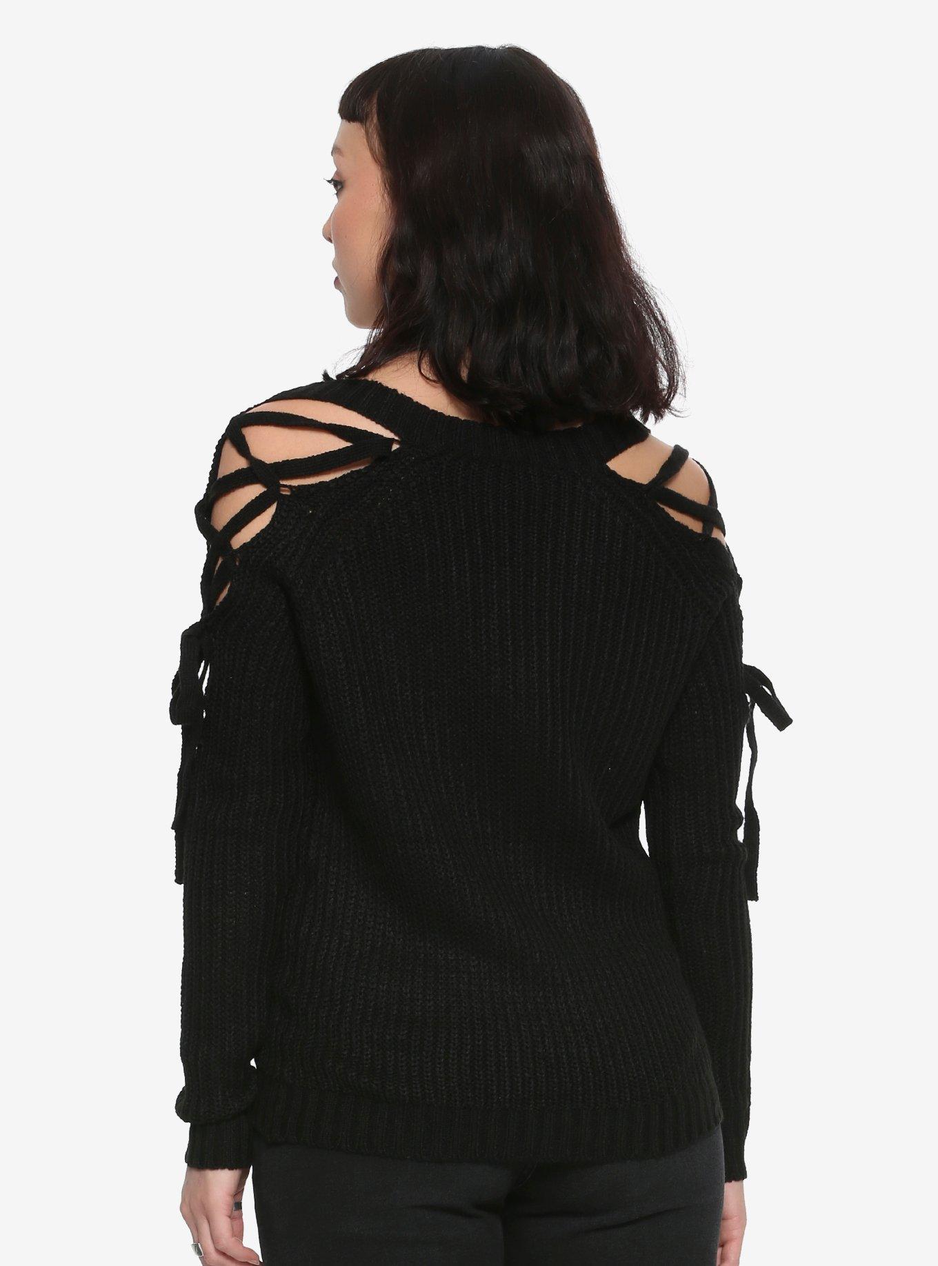 Black Lace-Up Girls Cold Shoulder Sweater, , alternate