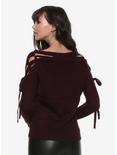Burgundy Lace-Up Cold Shoulder Girls Sweater, , alternate