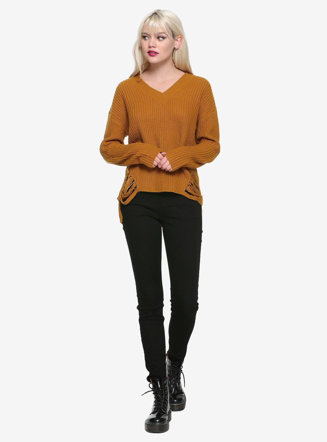 Mustard Yellow Deconstructed V-Neck Girls Sweater, , alternate