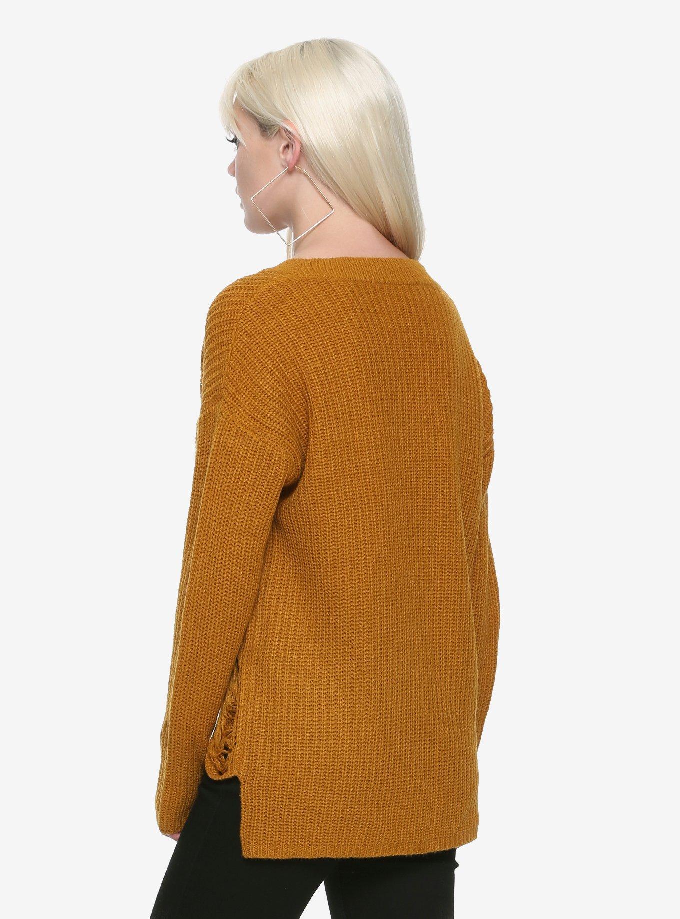 Mustard Yellow Deconstructed V-Neck Girls Sweater, , alternate